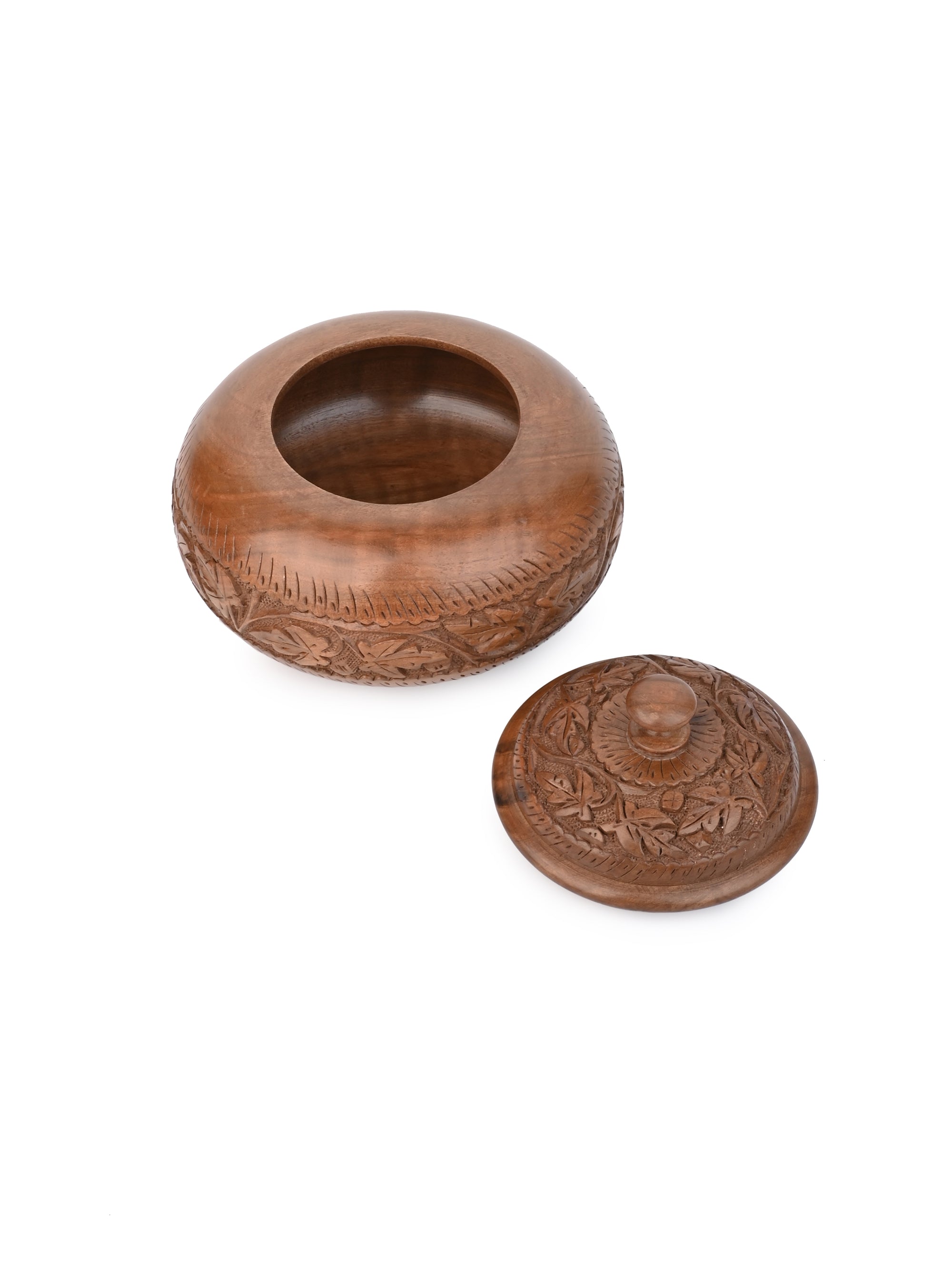 Walnut Wood Carved Round Storage Box with Lid - 6 inches diameter