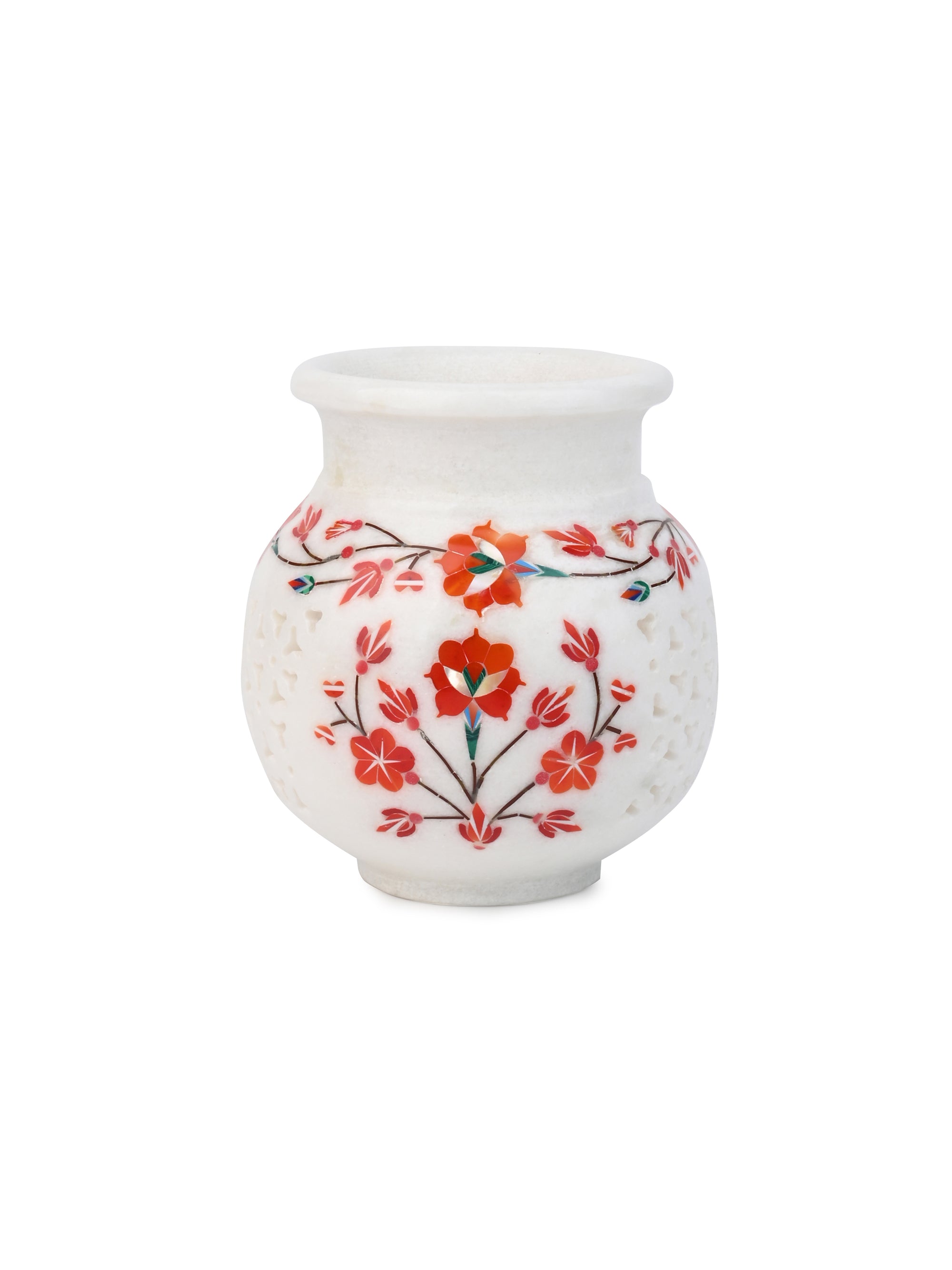 White Marble Crafted Kalash/Pot with Intricate Jali and Inlay Work - 5 inches