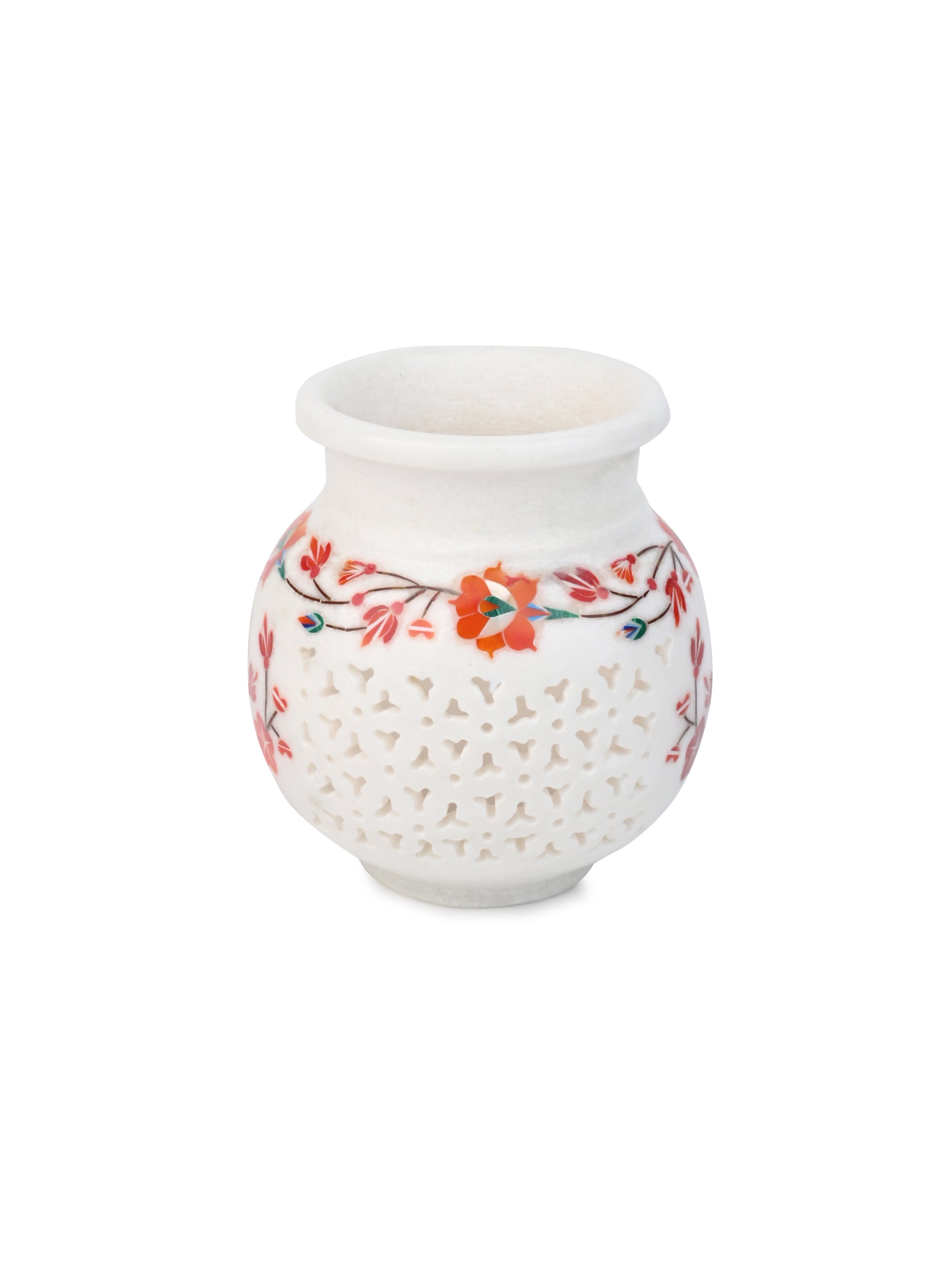 White Marble Crafted Kalash/Pot with Intricate Jali and Inlay Work - 5 inches