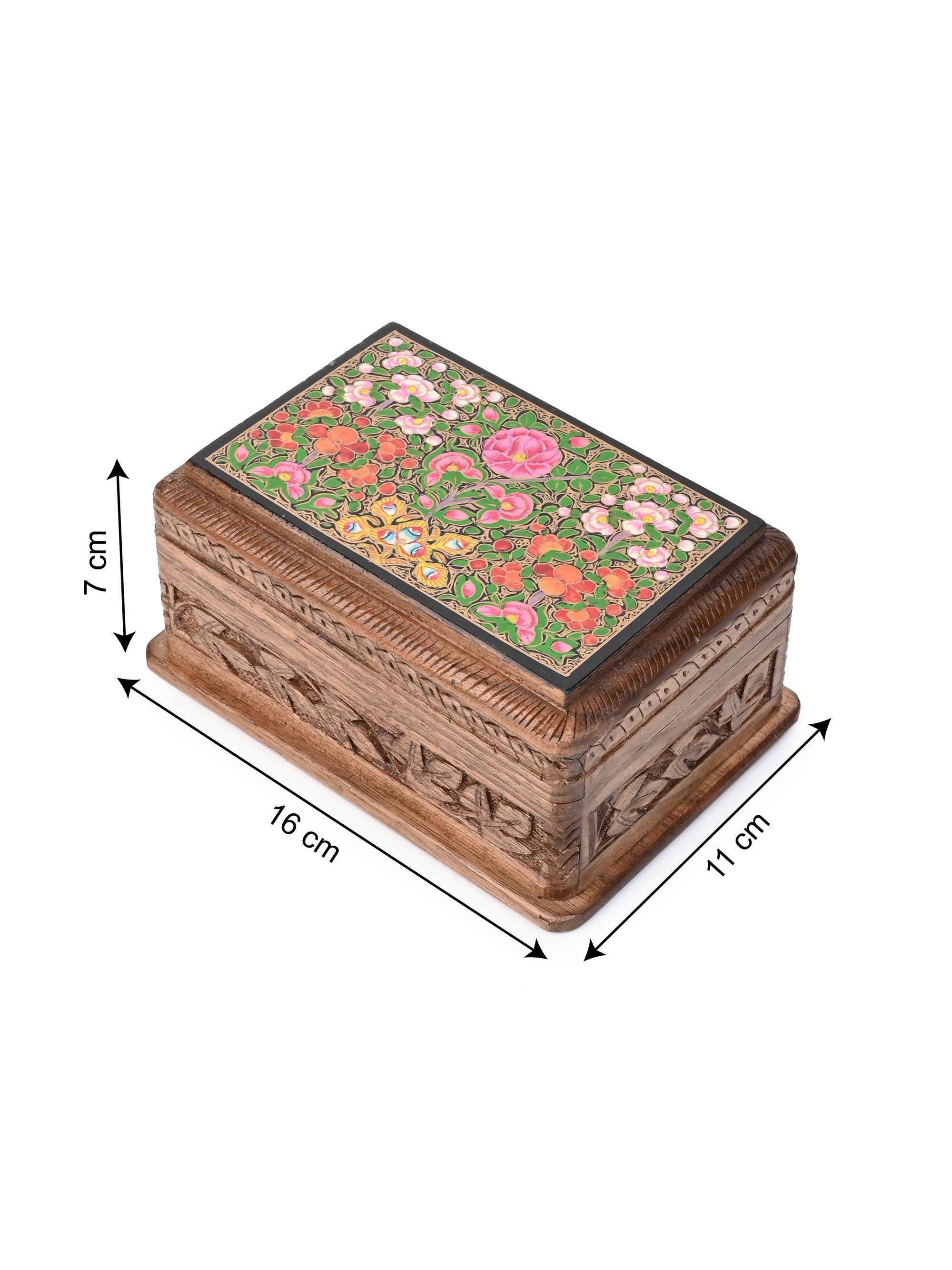 Walnut Wood Carved Secret Lock Storage Box with Paper Mache Design on Top - 6 inches