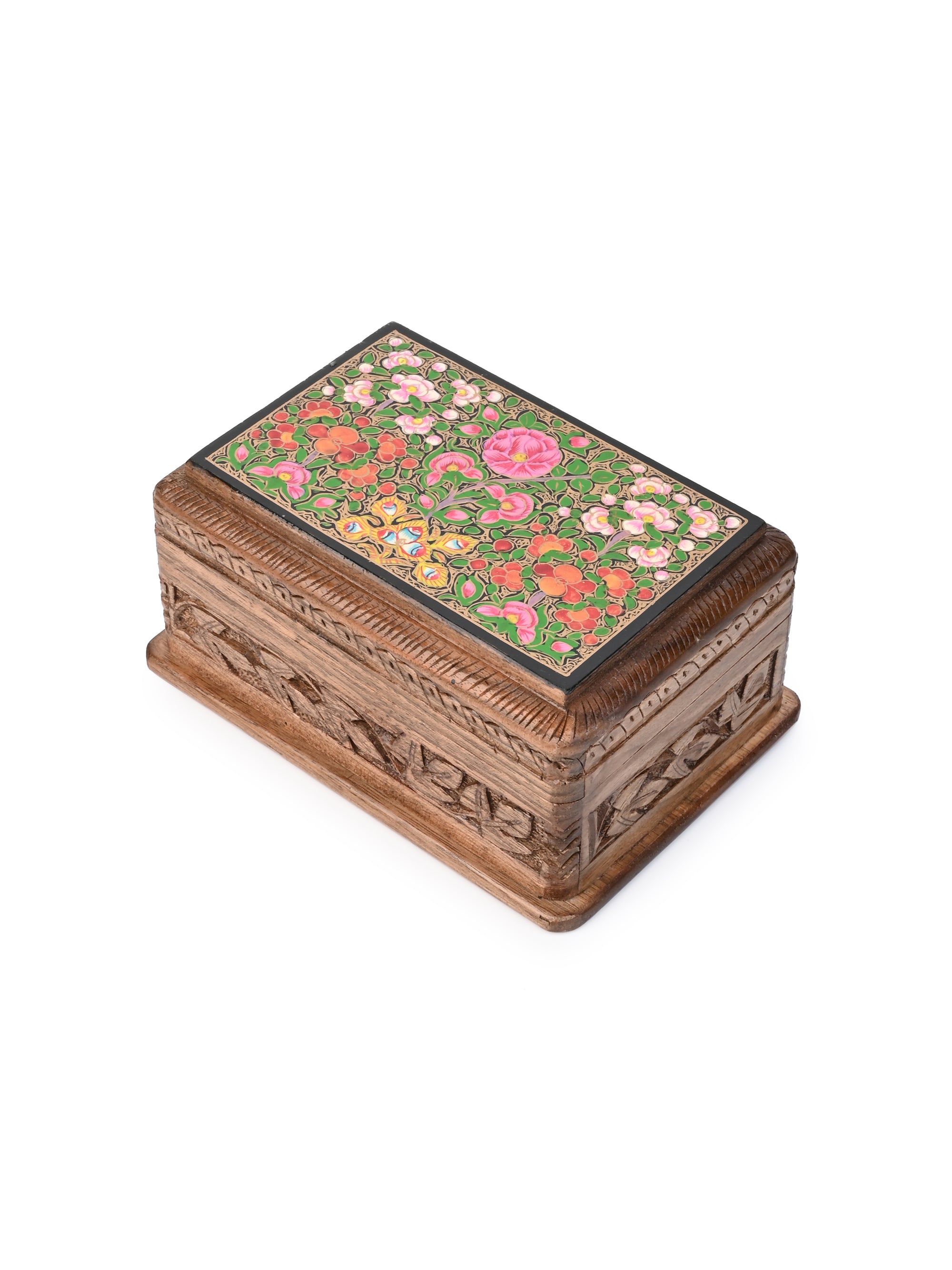 Walnut Wood Carved Secret Lock Storage Box with Paper Mache Design on Top - 6 inches