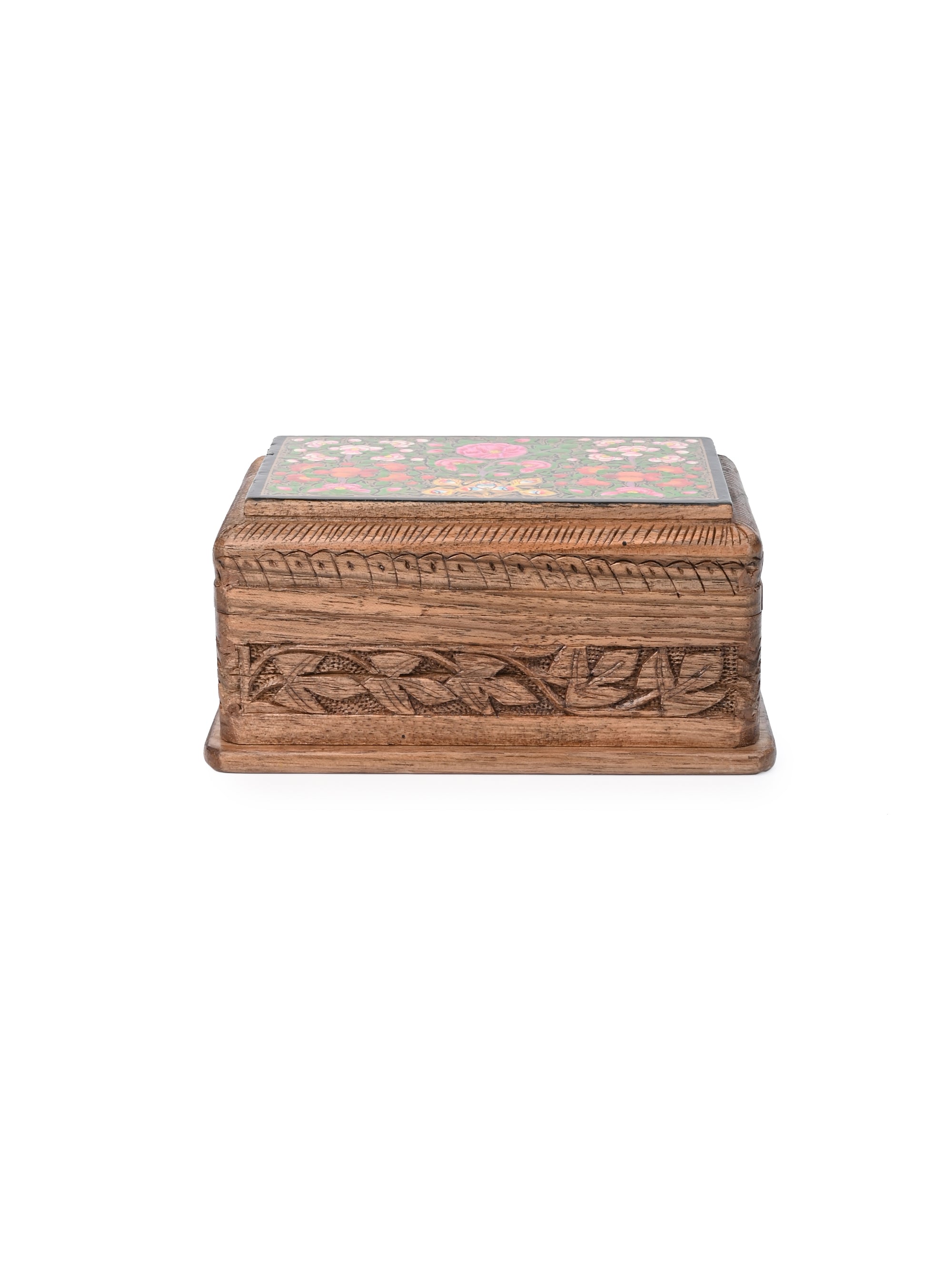 Walnut Wood Carved Secret Lock Storage Box with Paper Mache Design on Top - 6 inches