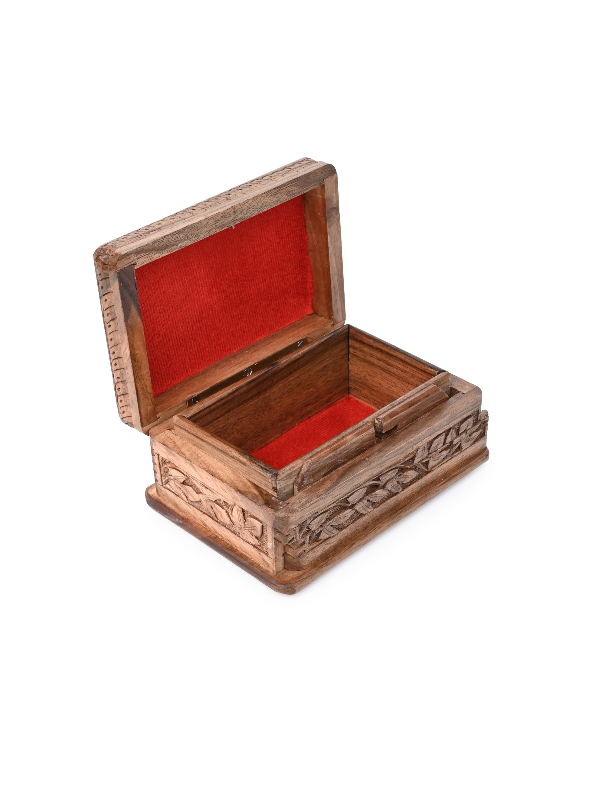 Walnut Wood Carved Secret Lock Storage Box with Paper Mache Design on Top - 6 inches