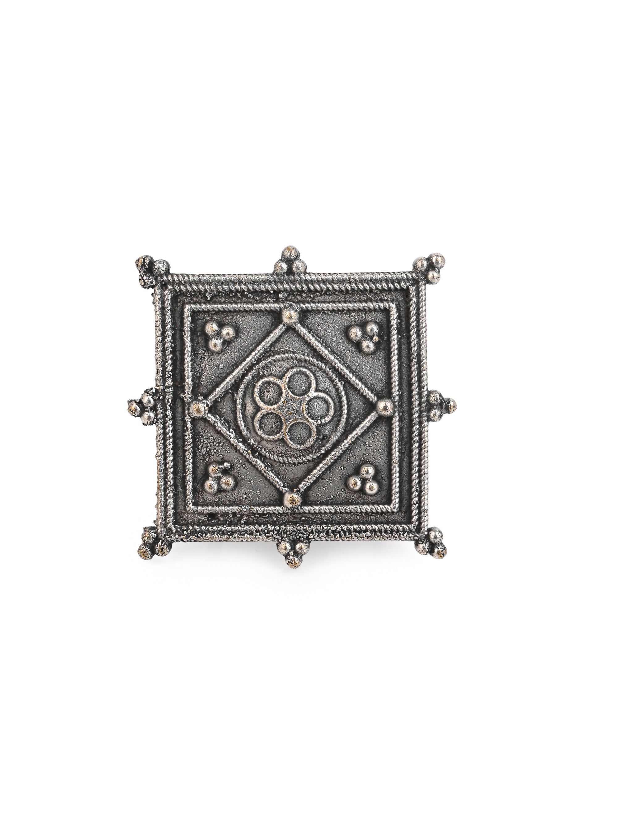 MAURYANA - Oxidised silver square design finger ring - adjustable size