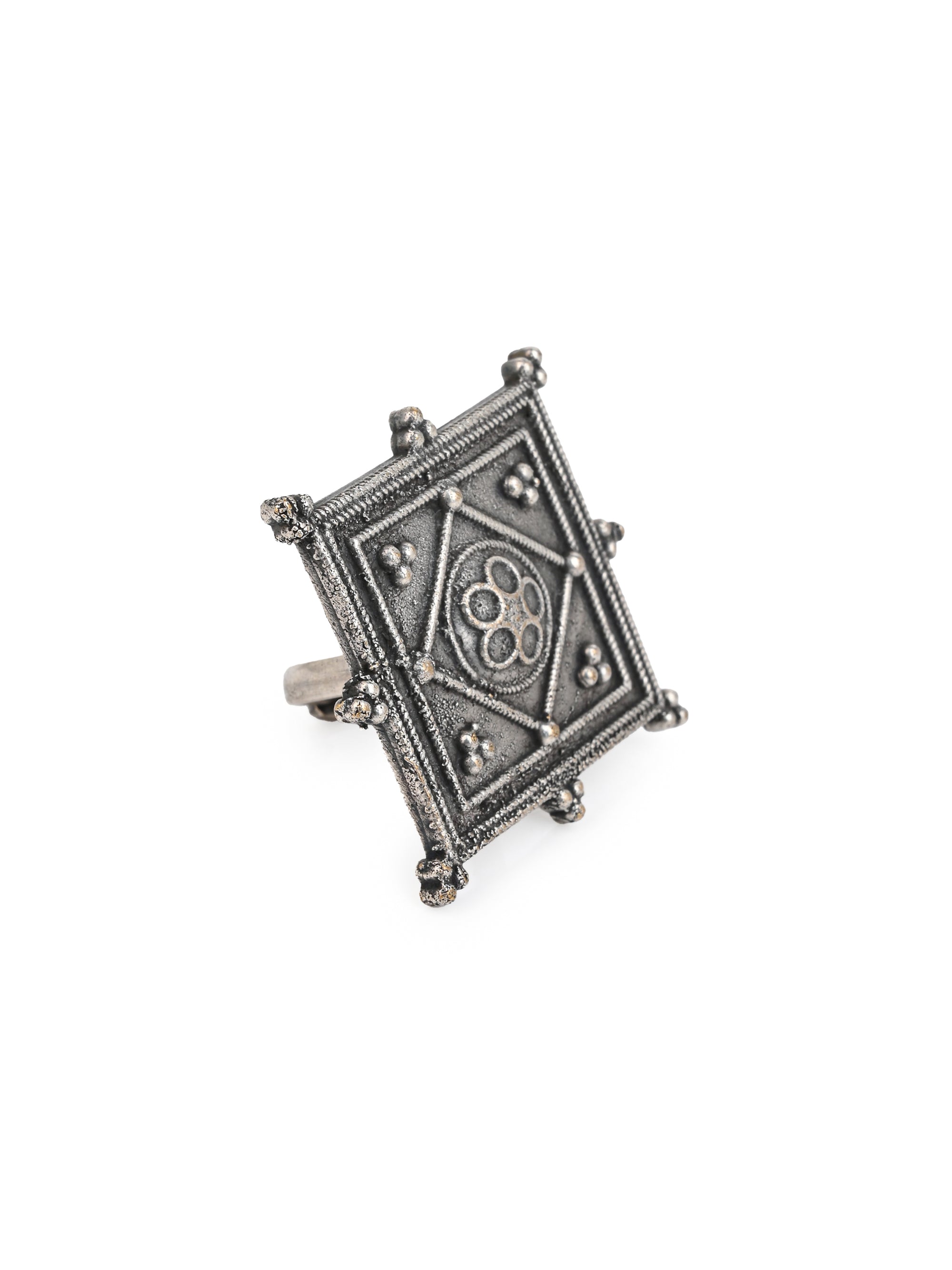 MAURYANA - Oxidised silver square design finger ring - adjustable size