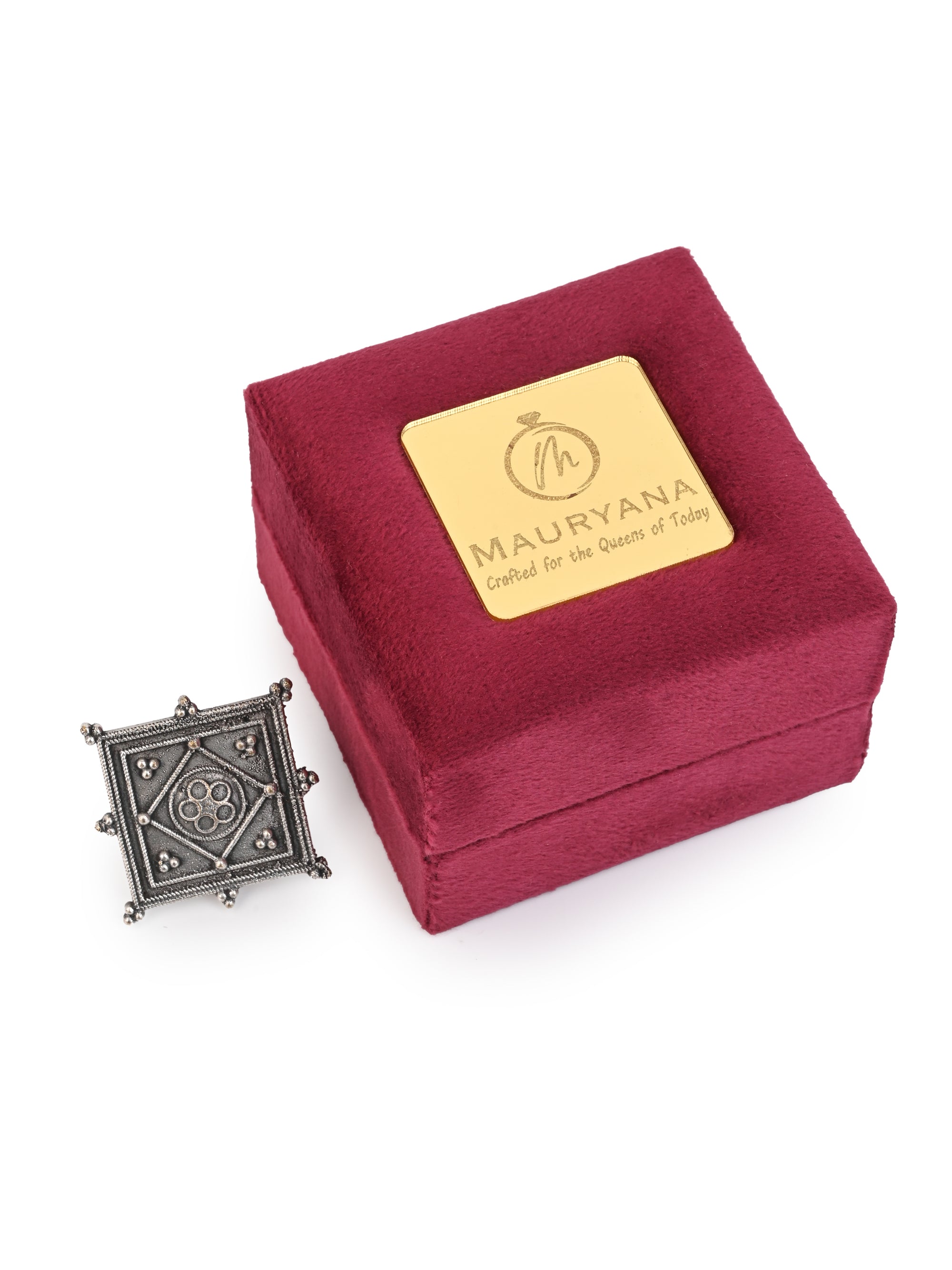 MAURYANA - Oxidised silver square design finger ring - adjustable size