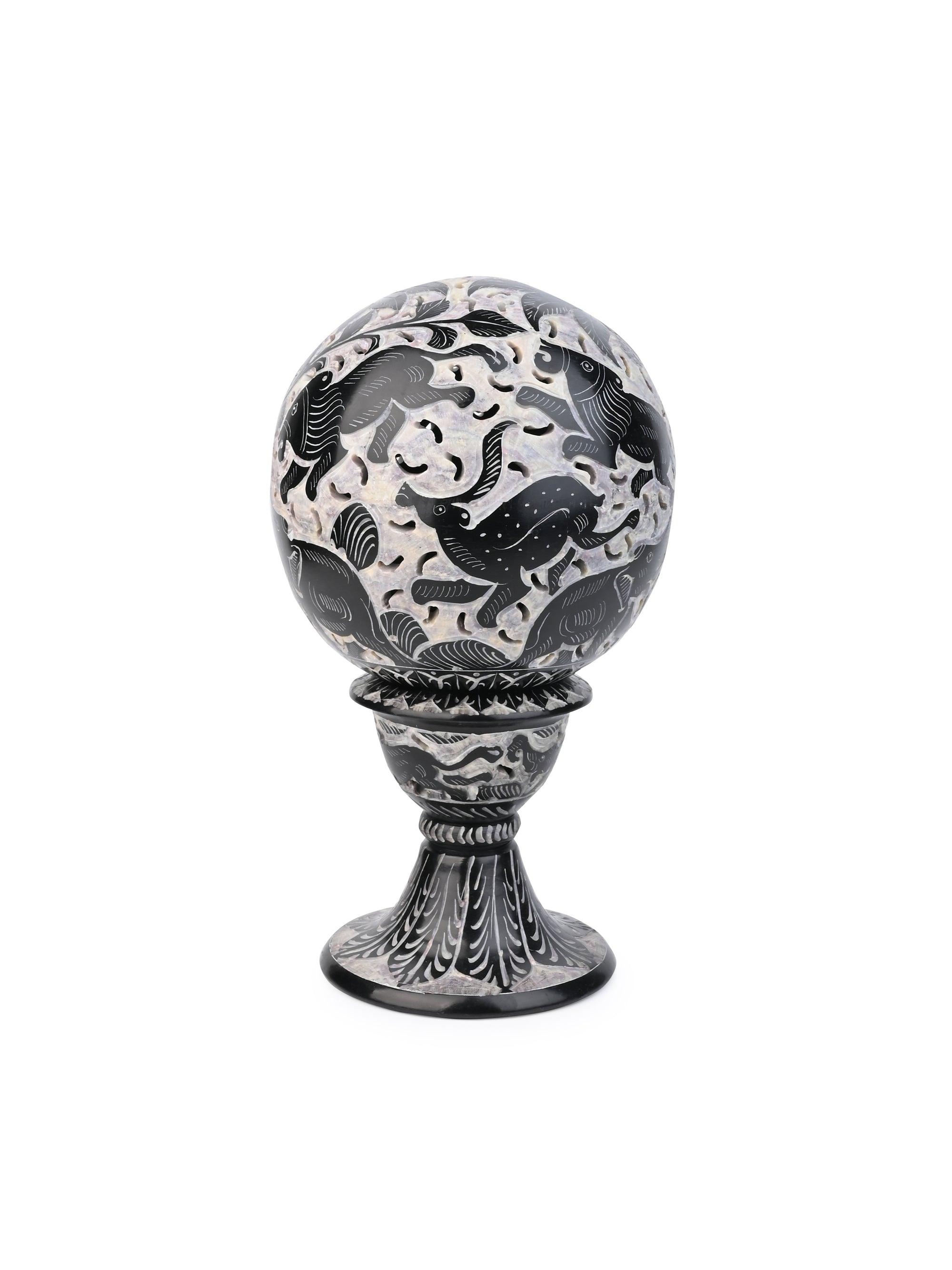 Black Stone Hand Crafted Round Ball Lamp Decor - 10 inches height