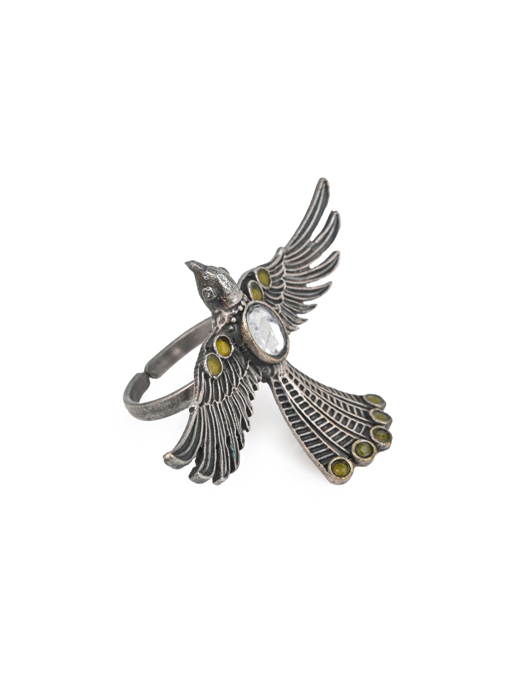MAURYANA - Oxidised silver flying eagle shaped ring with colorful stones