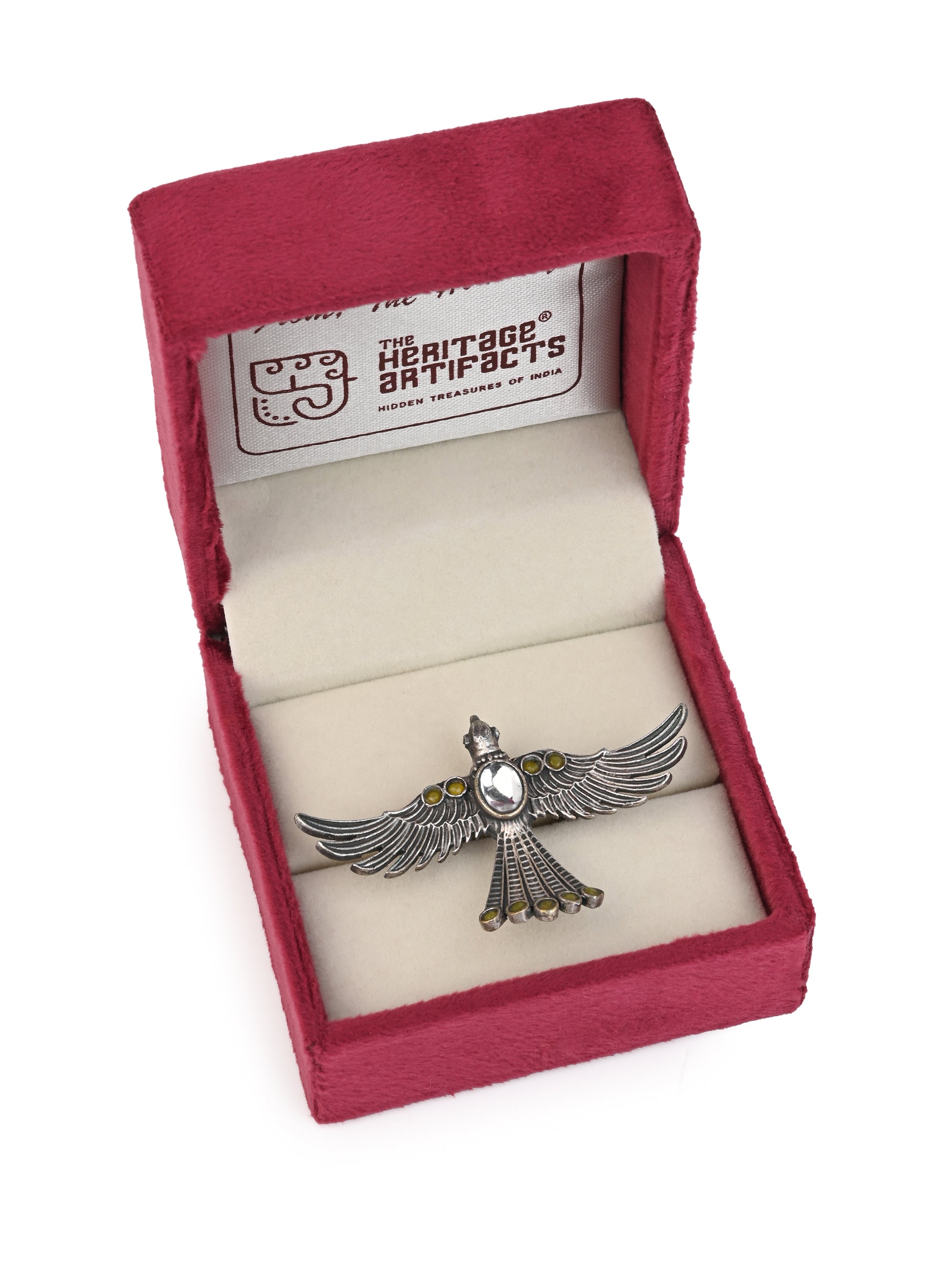 MAURYANA - Oxidised silver flying eagle shaped ring with colorful stones