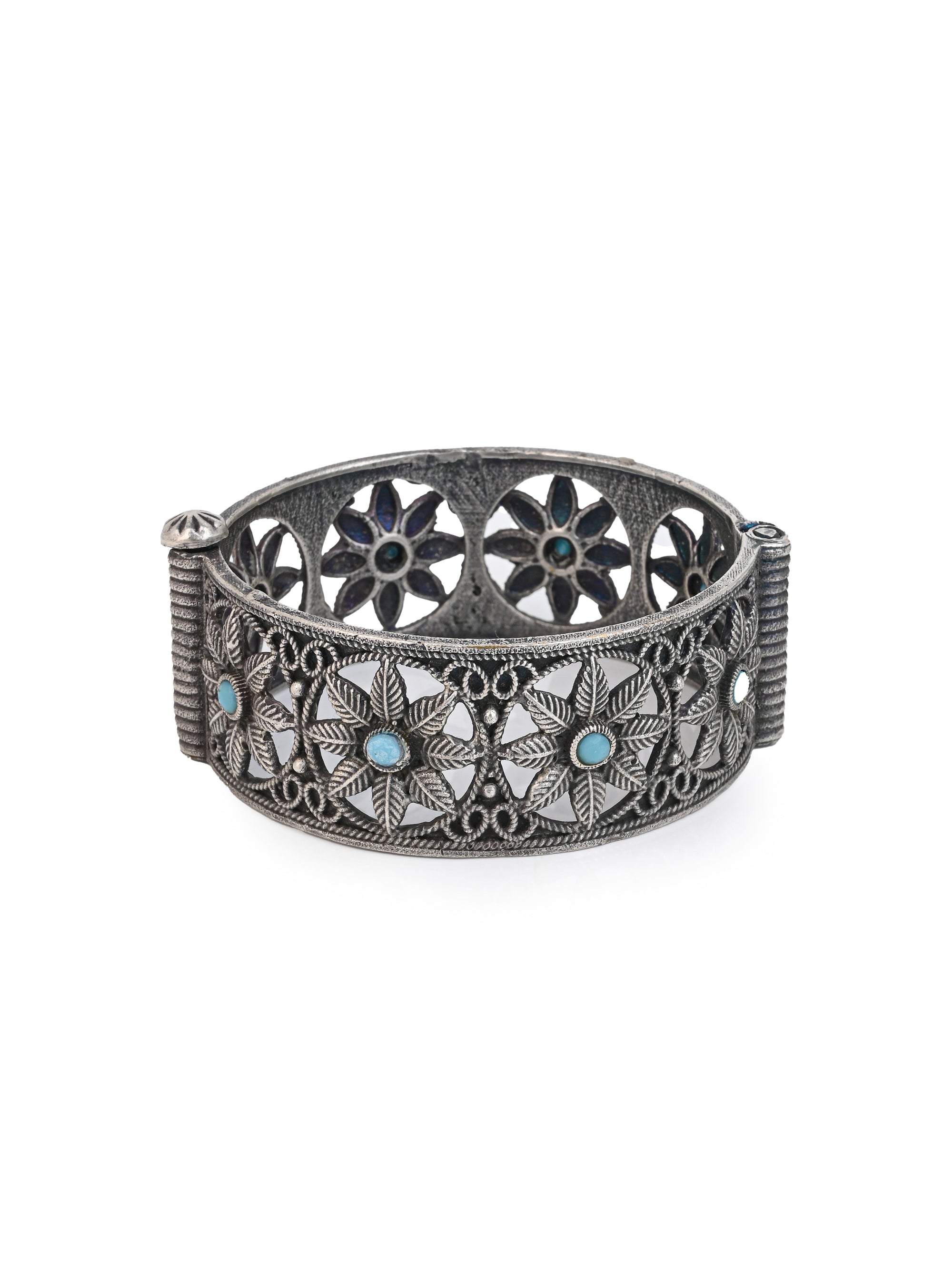 MAURYANA - Oxidised silver wide bangle with jali work and stone embellishment