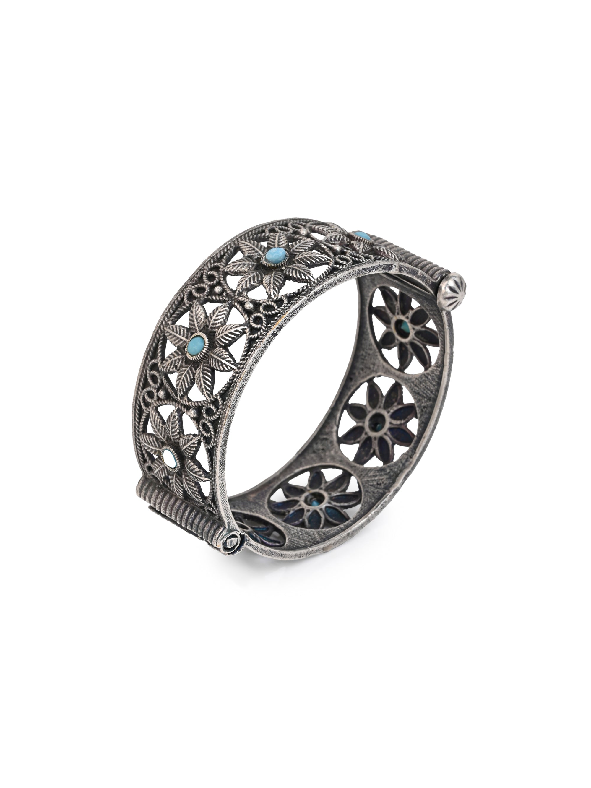 MAURYANA - Oxidised silver wide bangle with jali work and stone embellishment