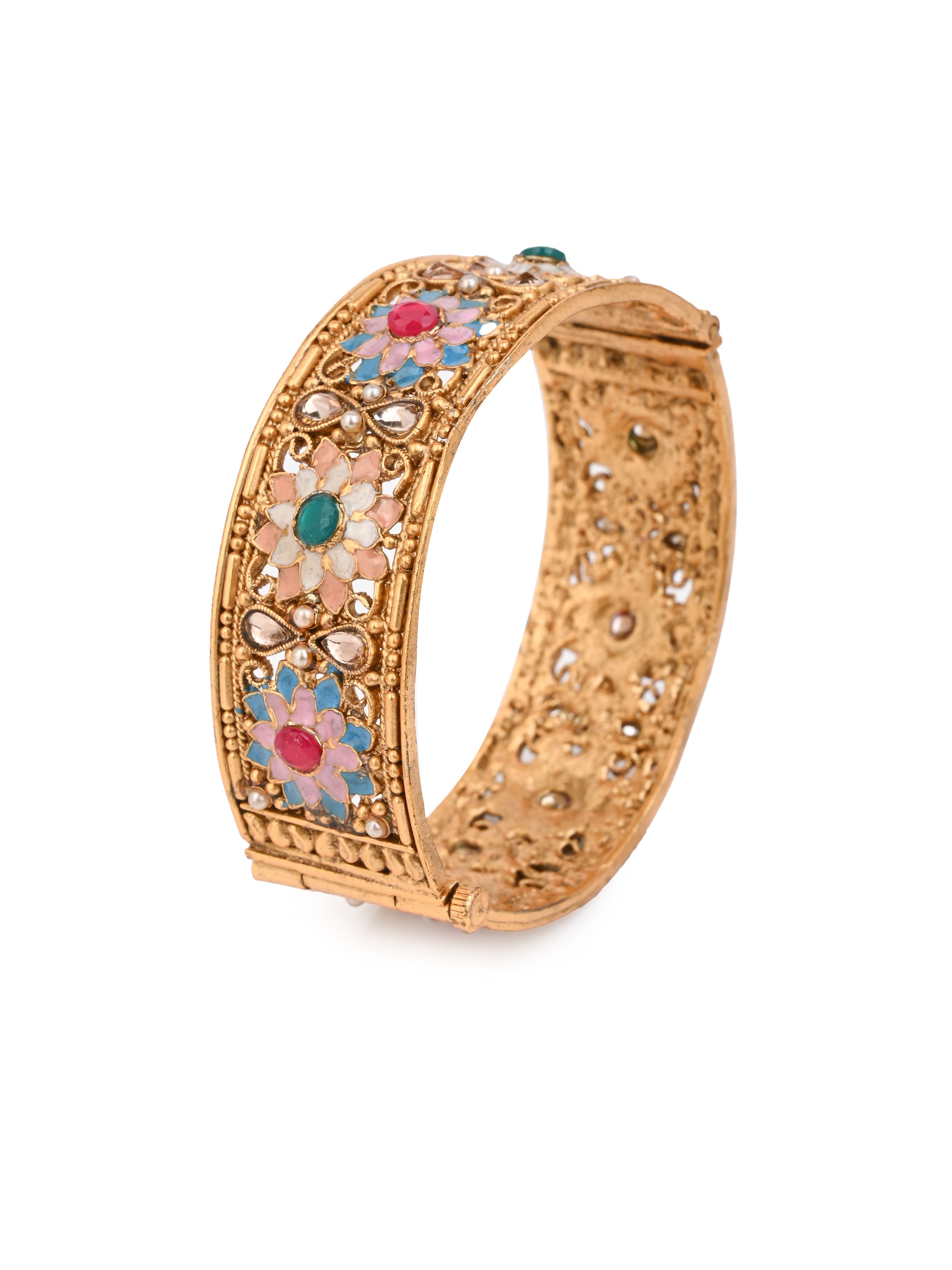MAURYANA - Kundan mina pair of golden bangles with floral design