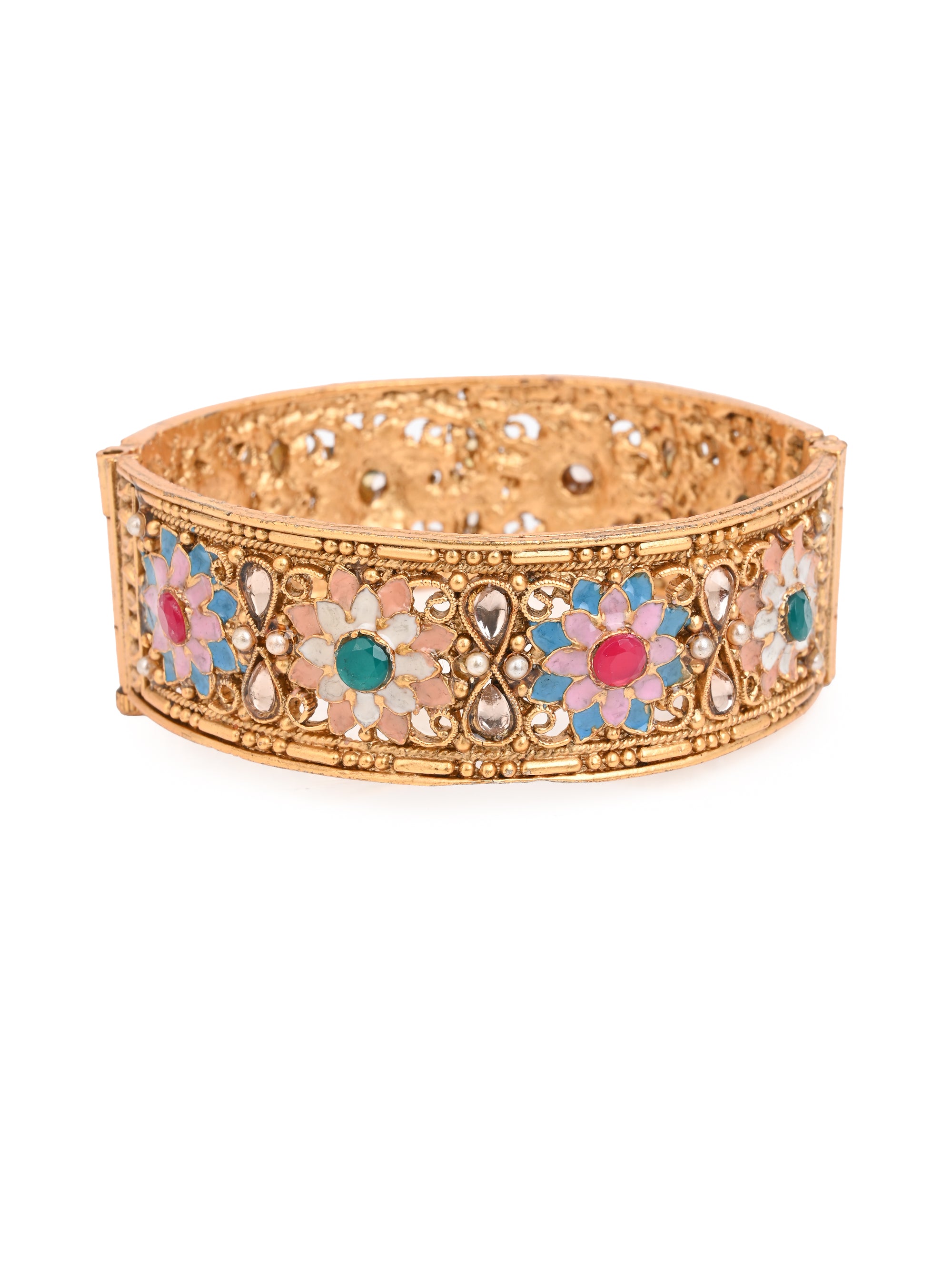 MAURYANA - Kundan mina pair of golden bangles with floral design