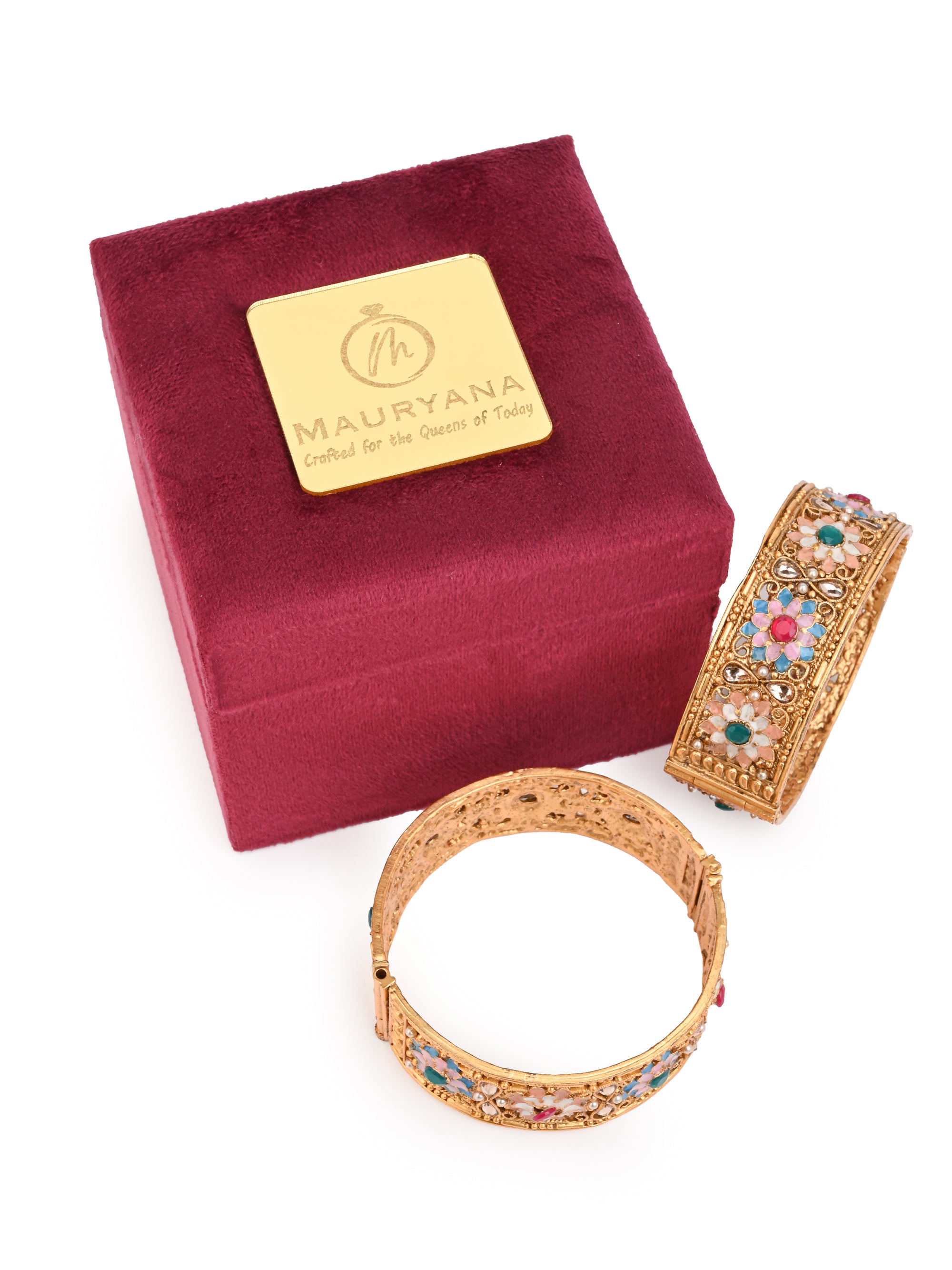MAURYANA - Kundan mina pair of golden bangles with floral design