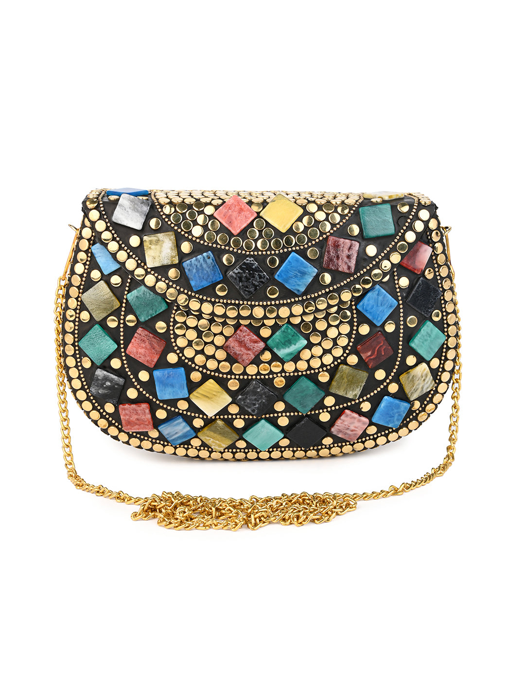 Brass and colorful stones crafted luxury metal clutch