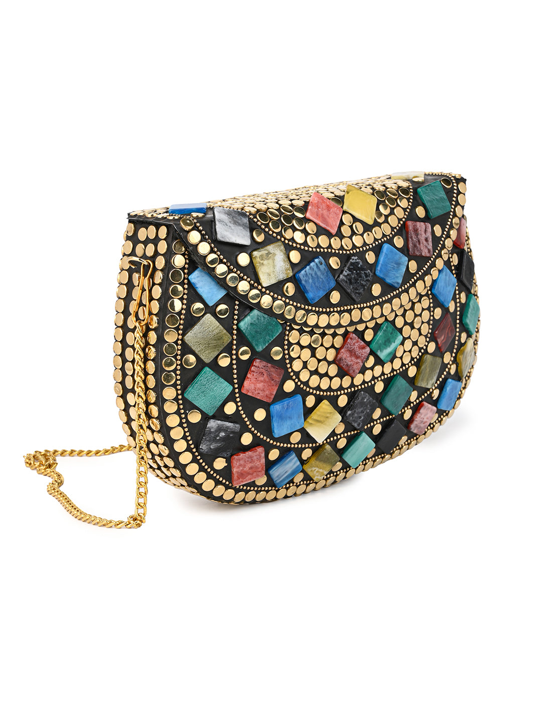 Brass and colorful stones crafted luxury metal clutch