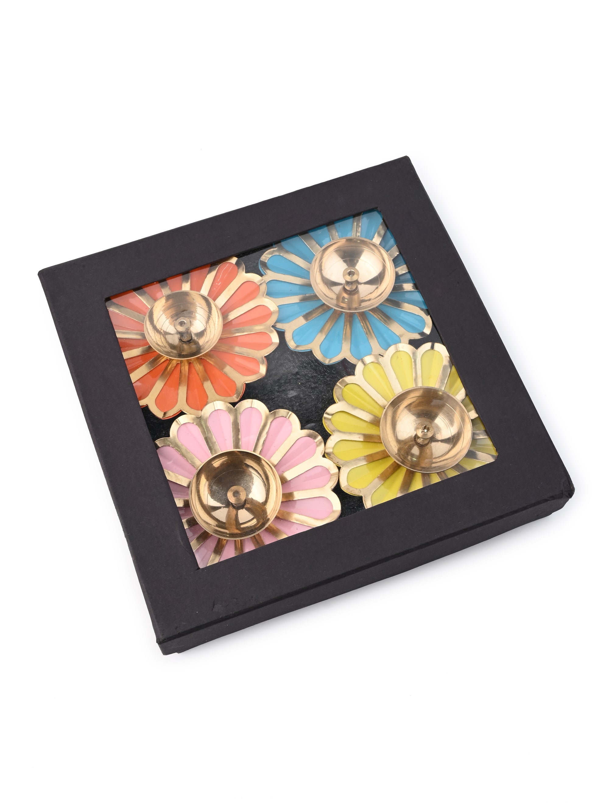 Metal crafted Set of 4 Colorful Flower Diya / Oil Lamp in a Black Gift Box - Multicolor