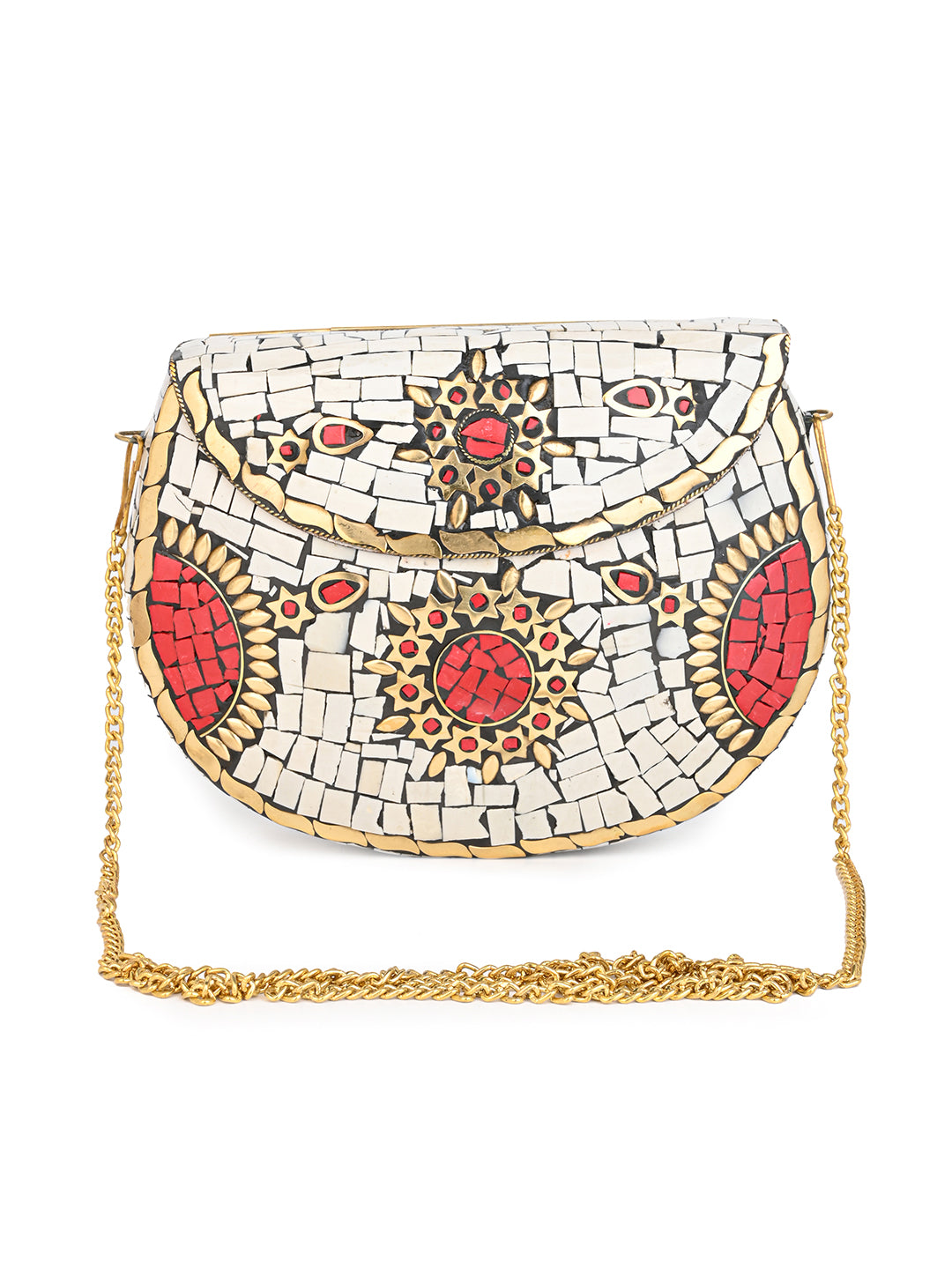 Brass crafted white and red stone embellished mosaic design clutch
