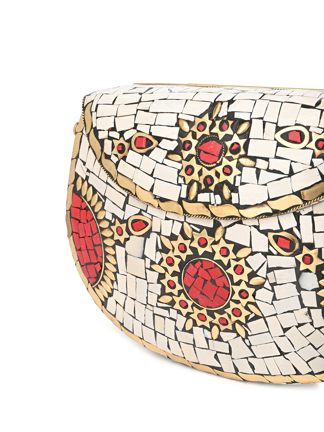 Brass crafted white and red stone embellished mosaic design clutch