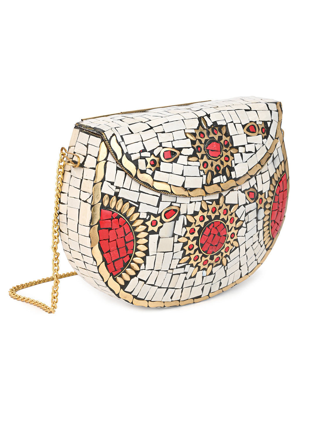 Brass crafted white and red stone embellished mosaic design clutch