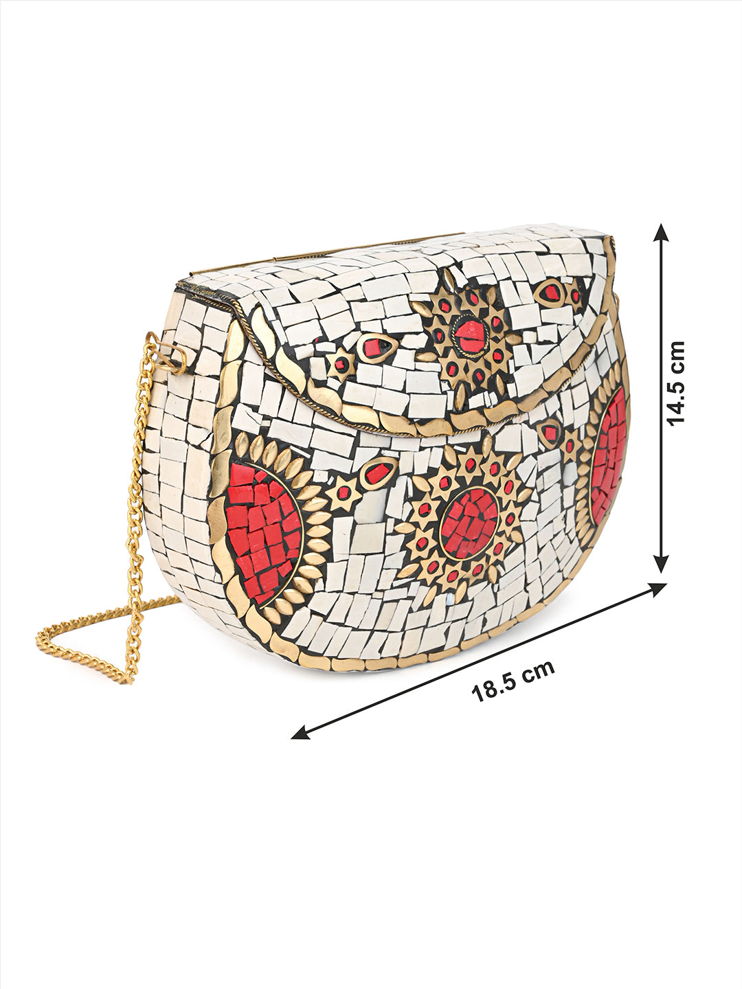 Brass crafted white and red stone embellished mosaic design clutch