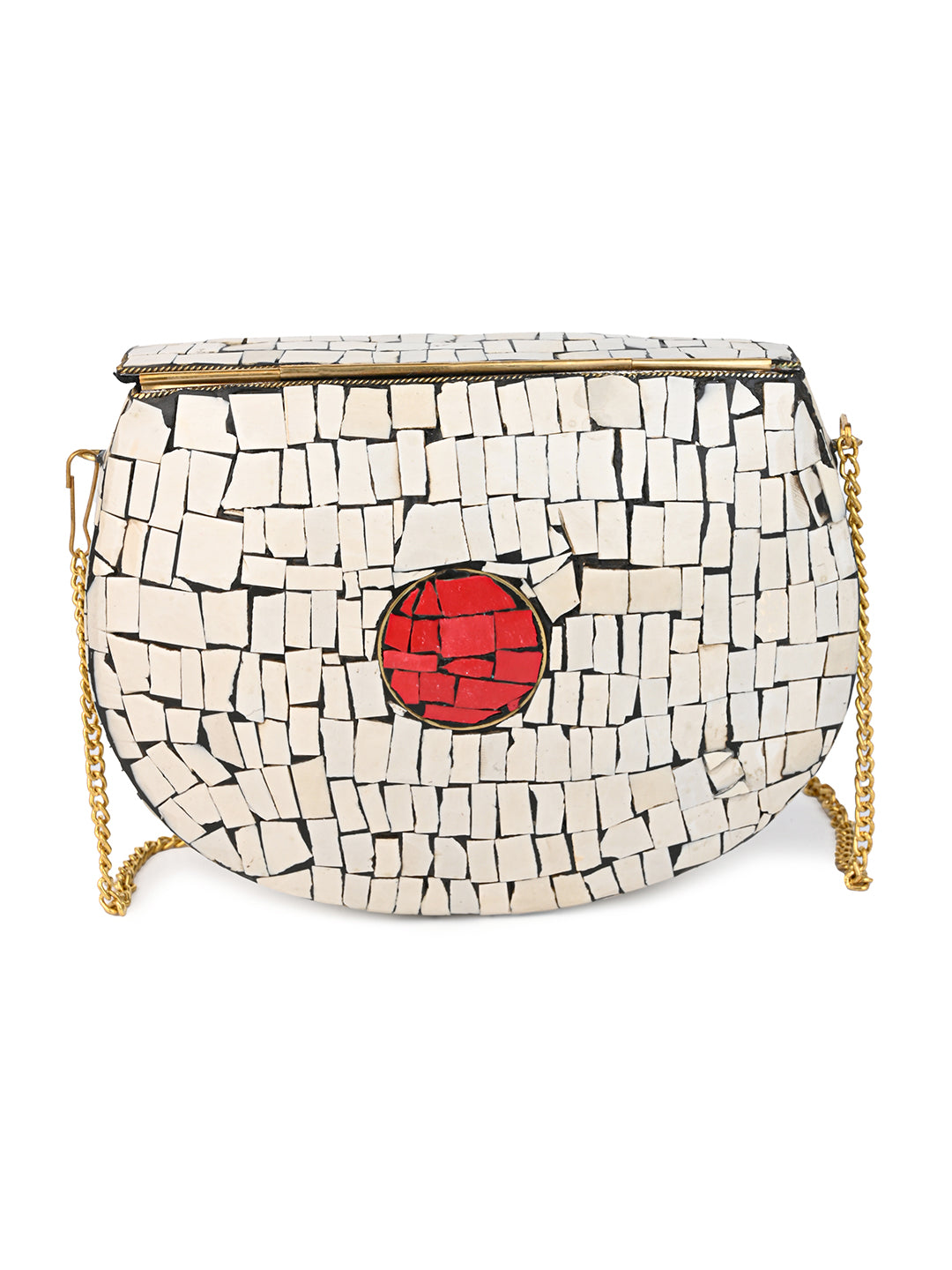 Brass crafted white and red stone embellished mosaic design clutch