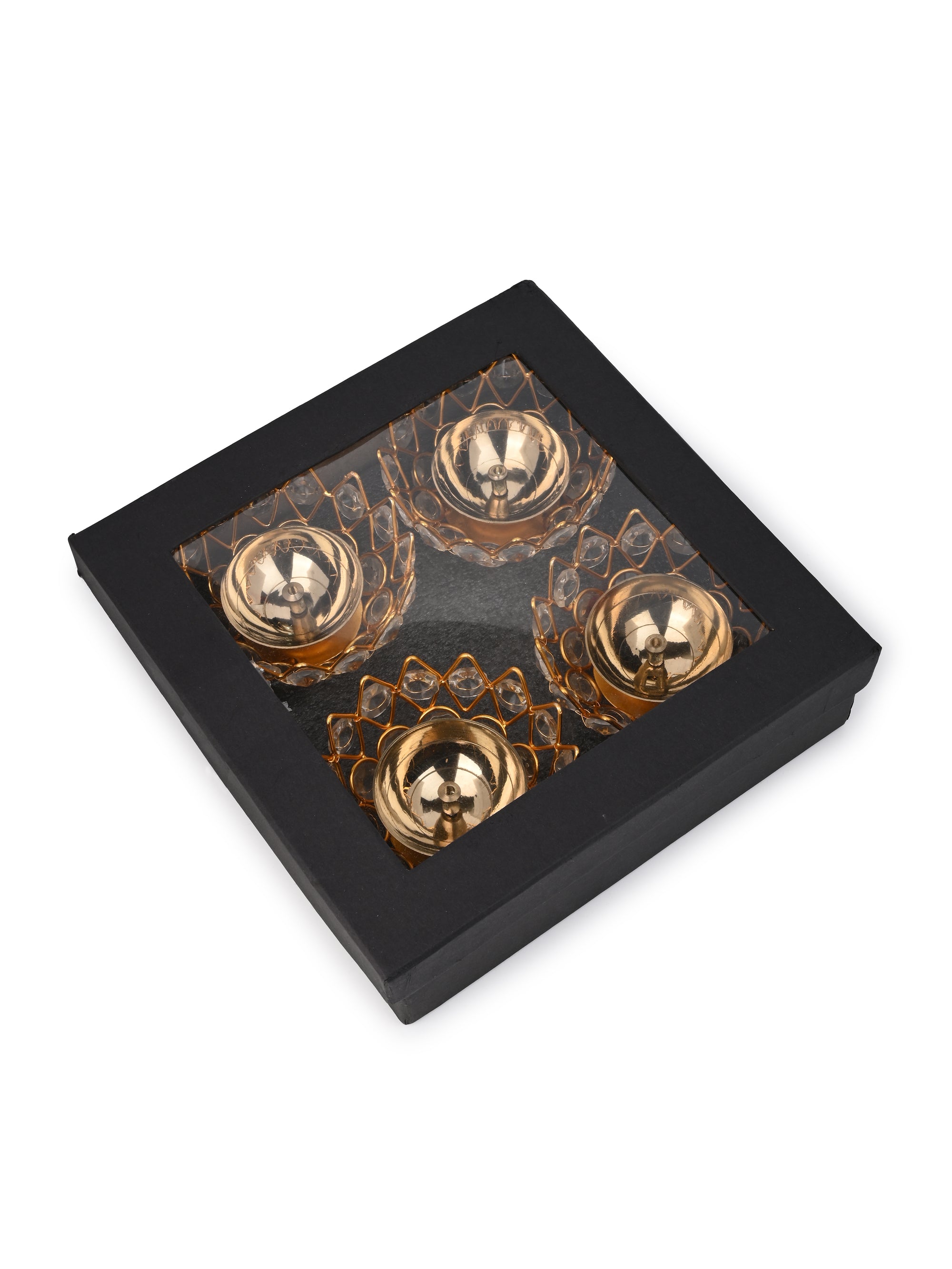 Set of 4 Crystal Metal Diya / Lamp in a Black Gift Box