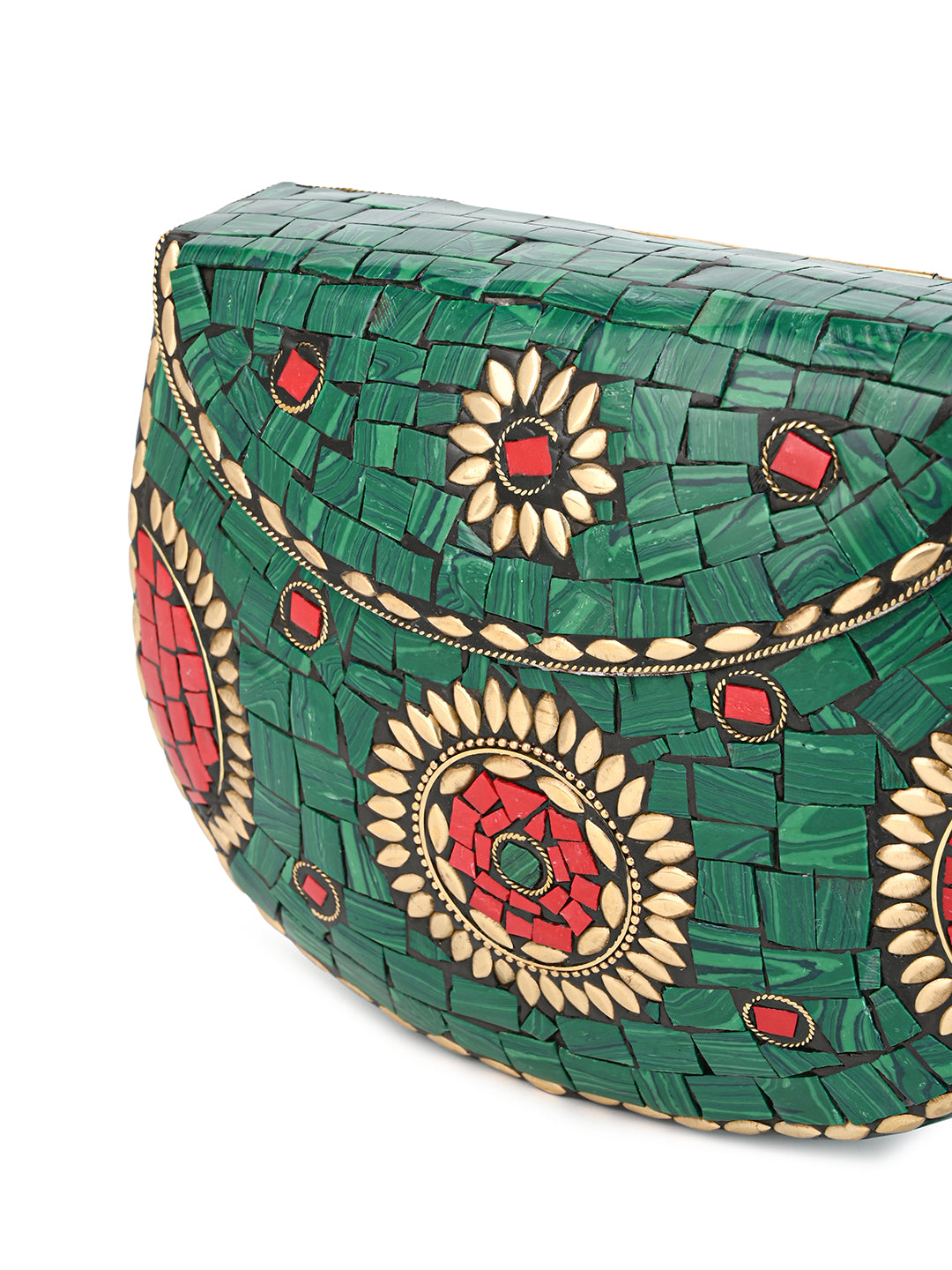 Red and Green stone with brass crafted floral design clutch