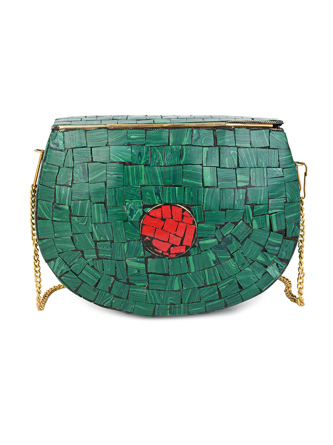 Red and Green stone with brass crafted floral design clutch