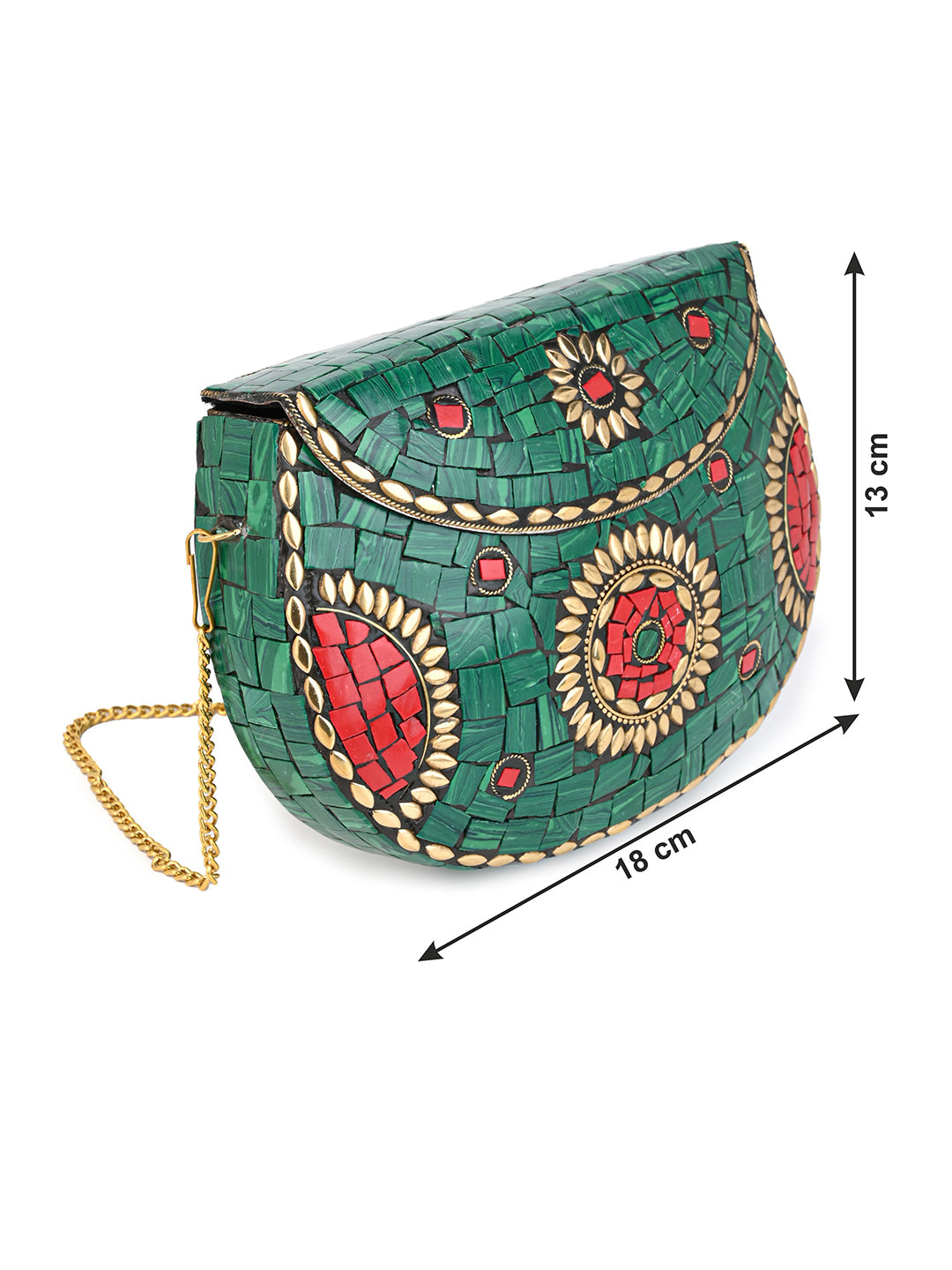 Red and Green stone with brass crafted floral design clutch