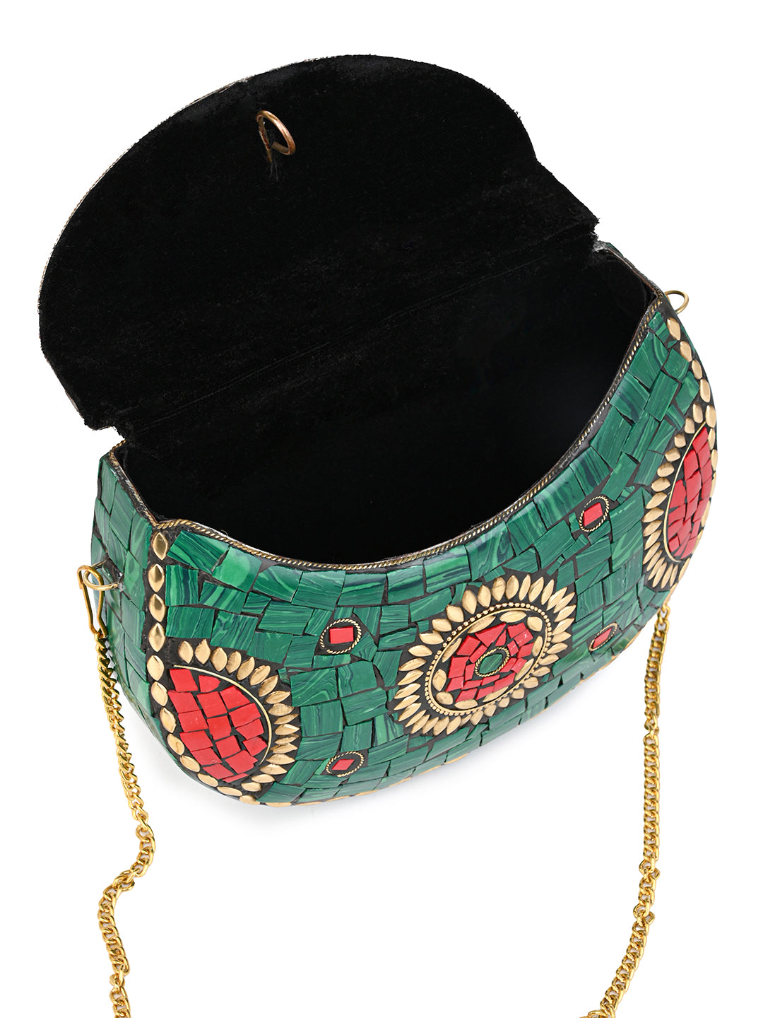 Red and Green stone with brass crafted floral design clutch