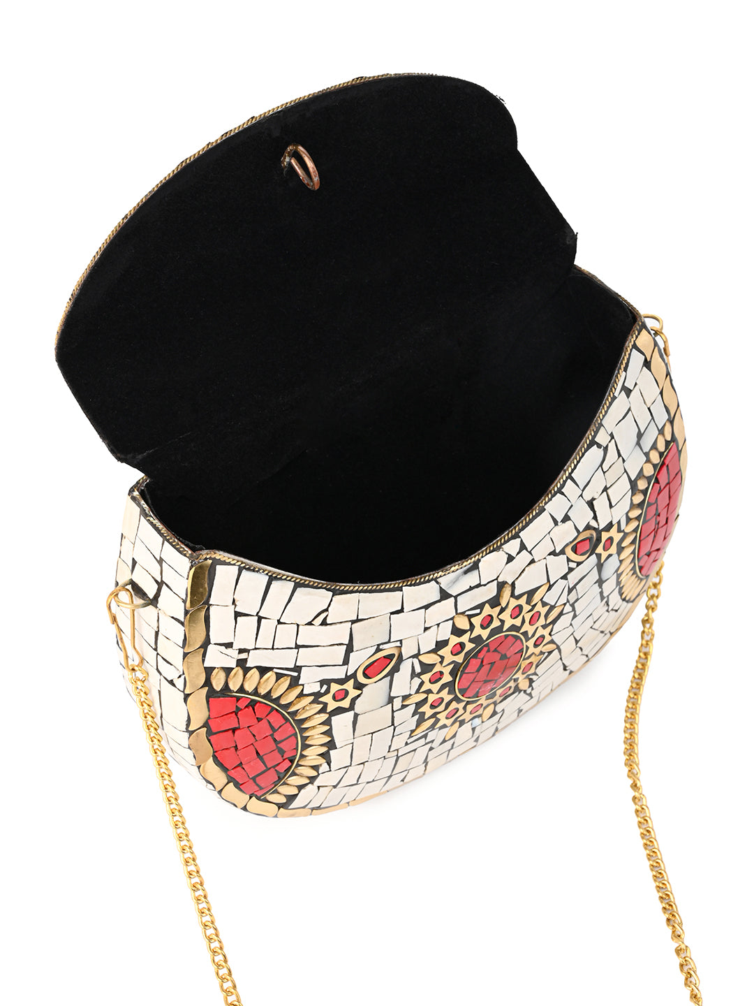 Brass crafted white and red stone embellished mosaic design clutch