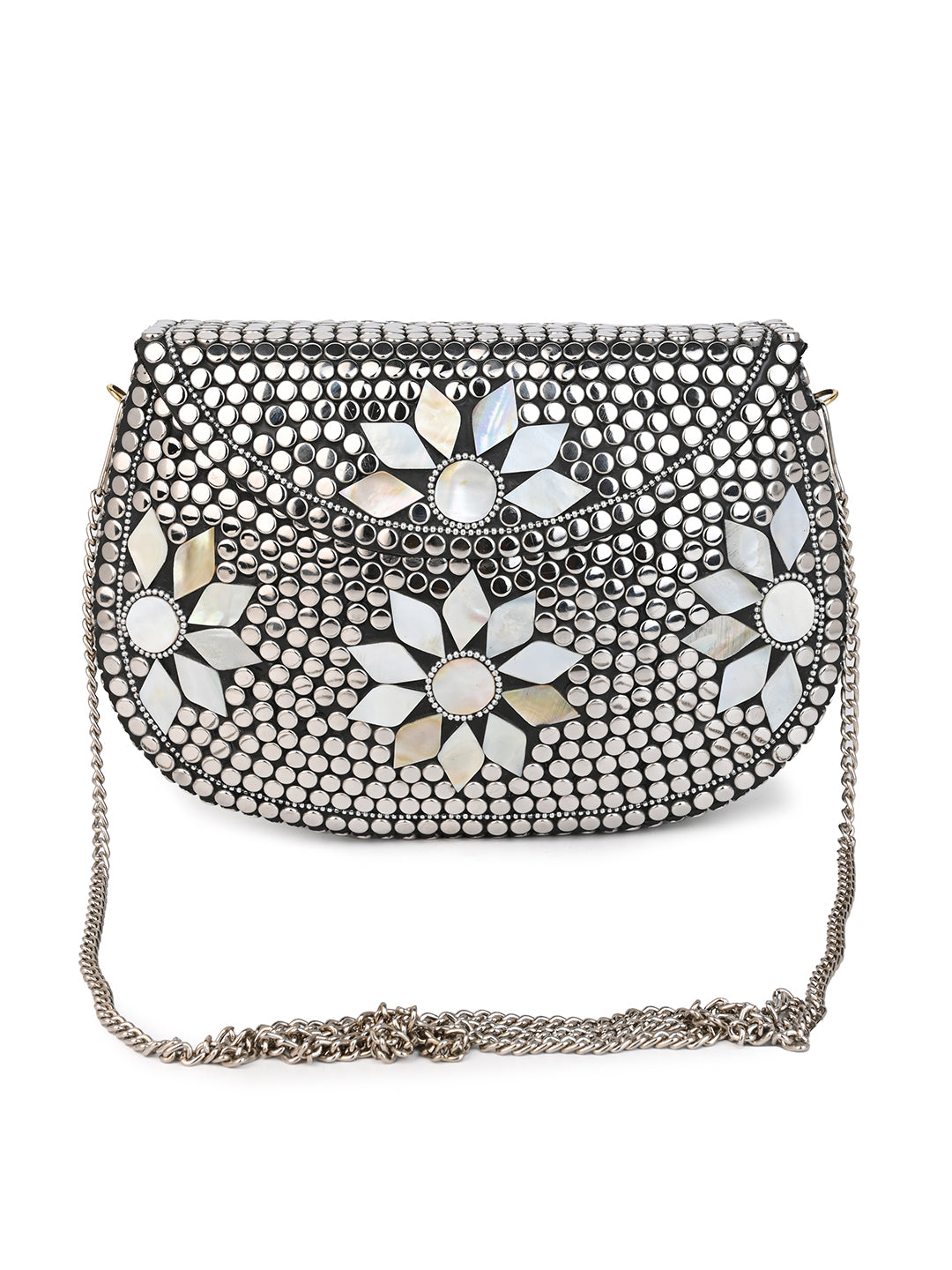 Stainless steel and MOP crafted floral design metal clutch