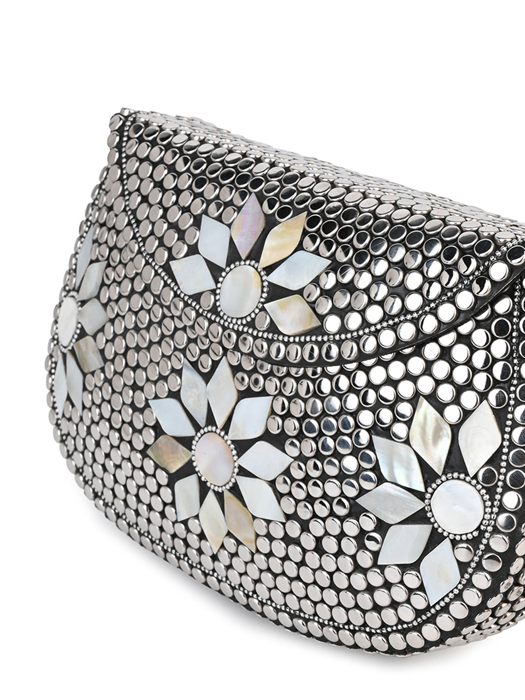 Stainless steel and MOP crafted floral design metal clutch