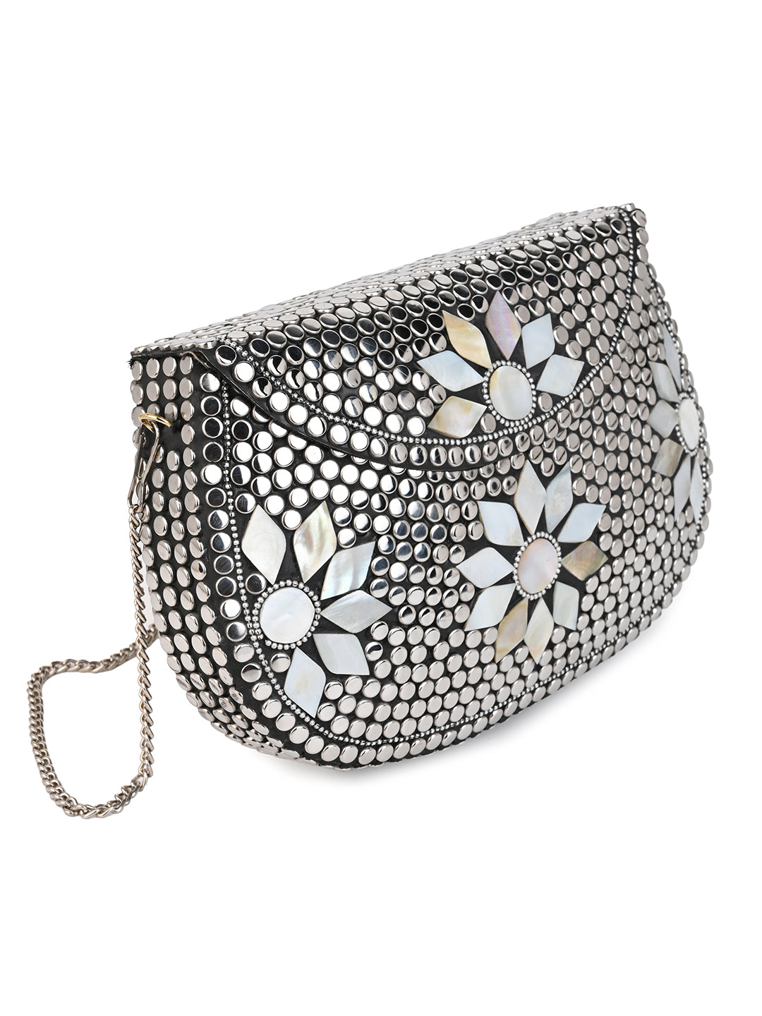 Stainless steel and MOP crafted floral design metal clutch