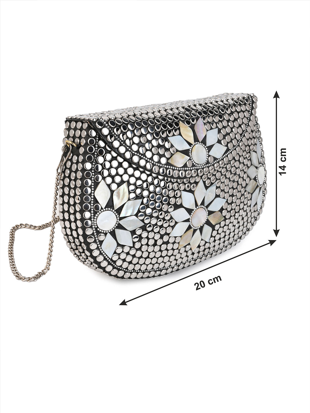 Stainless steel and MOP crafted floral design metal clutch