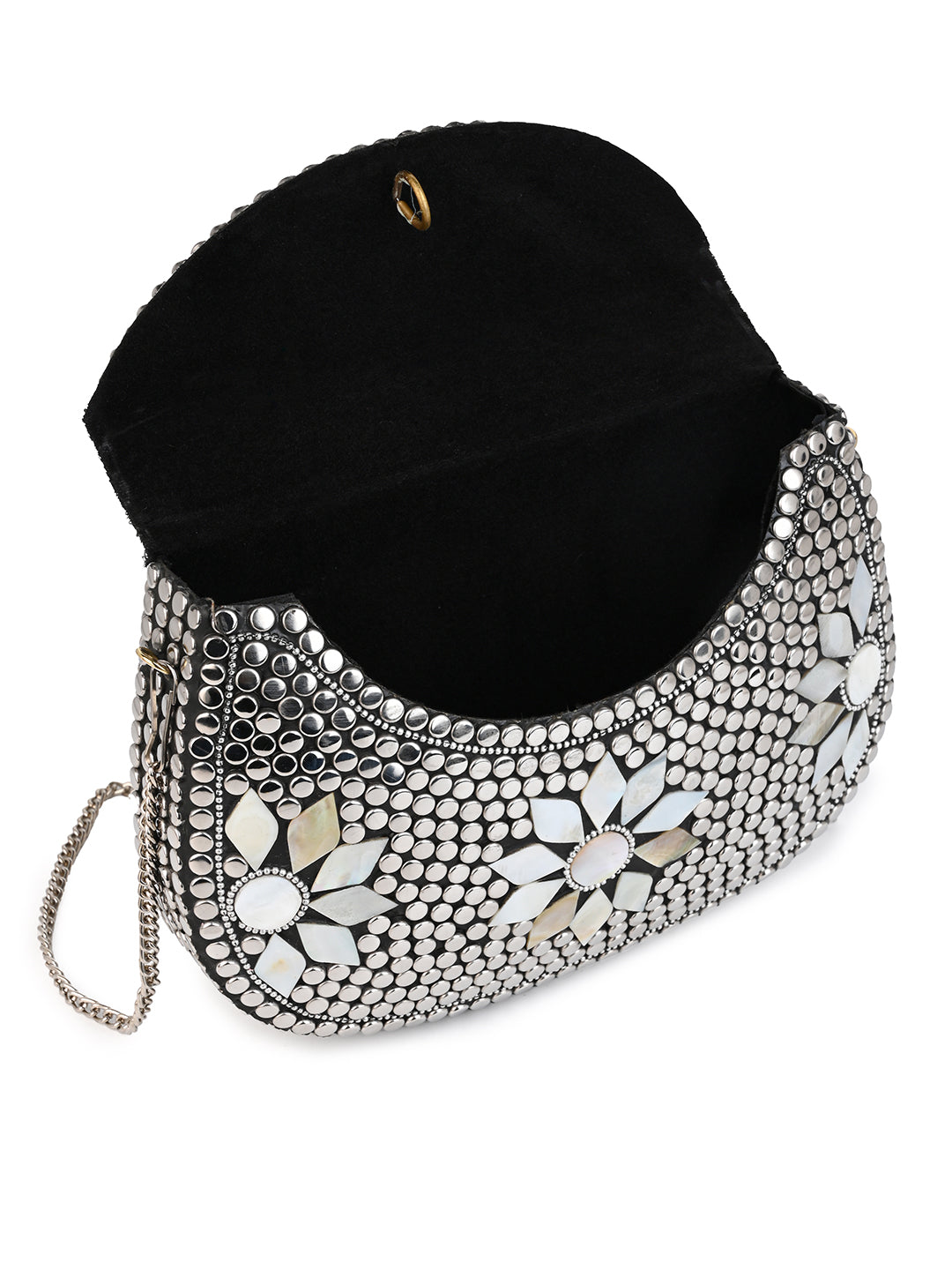 Stainless steel and MOP crafted floral design metal clutch