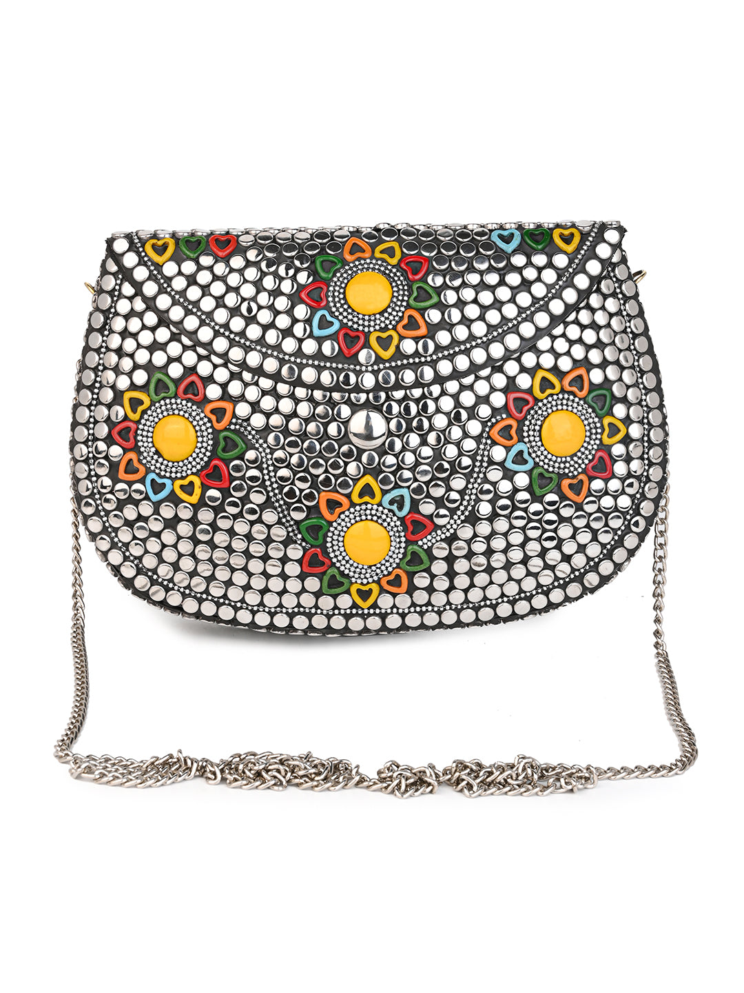 Stainless steel embellished colorful metal clutch