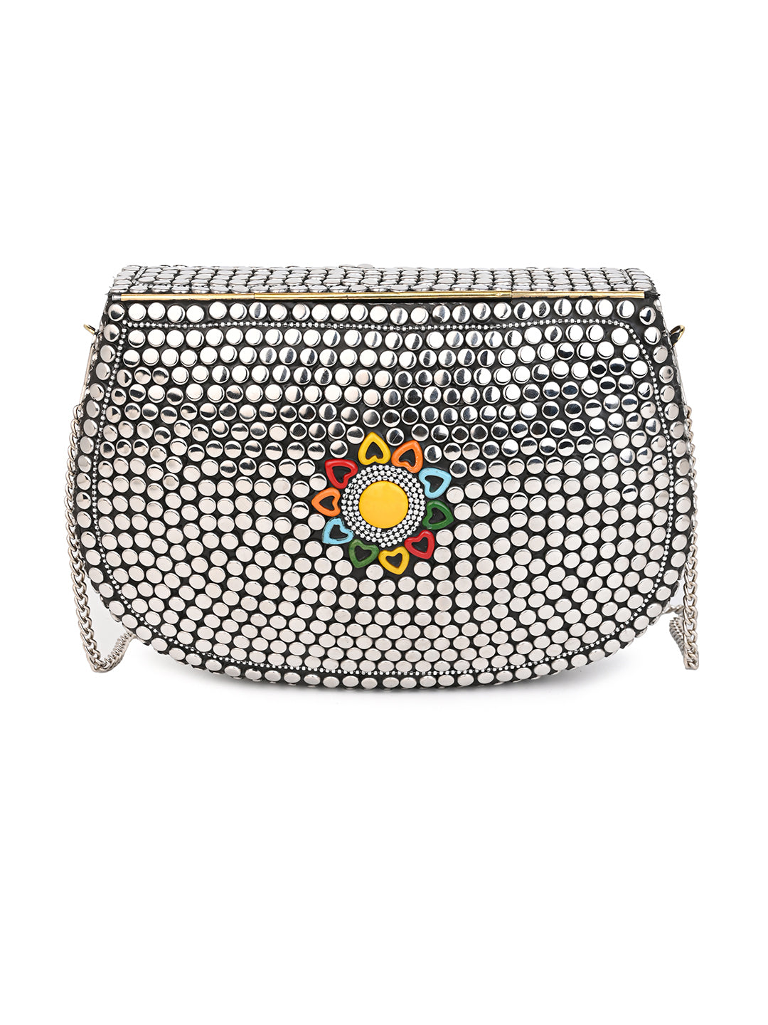 Stainless steel embellished colorful metal clutch