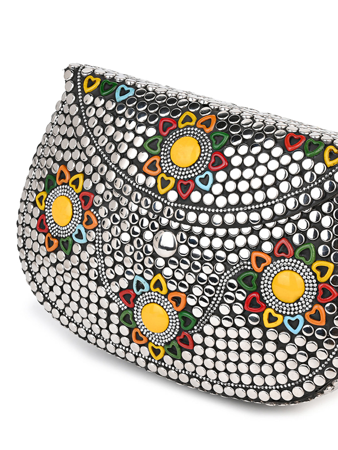 Stainless steel embellished colorful metal clutch