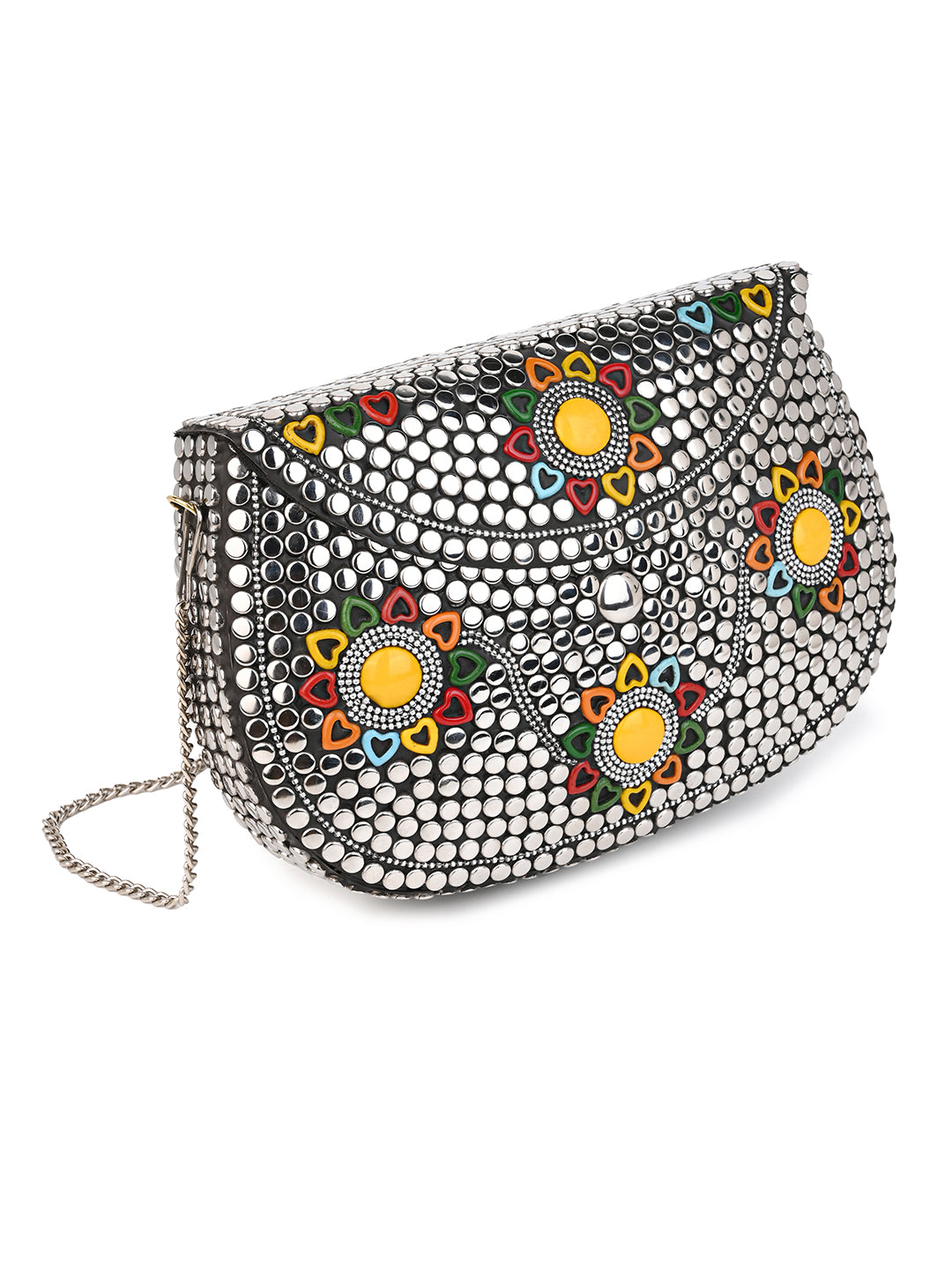 Stainless steel embellished colorful metal clutch