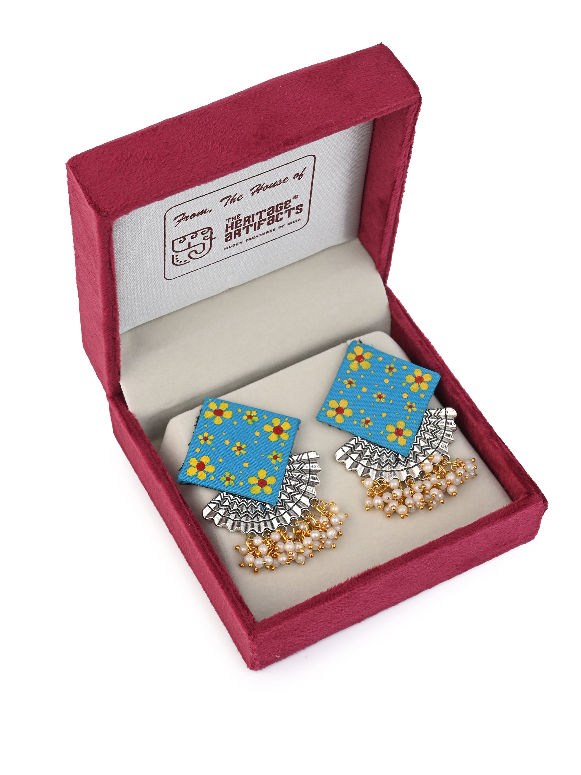 MAURYANA - Blue fabric earrings pair with metal and beads embellishment