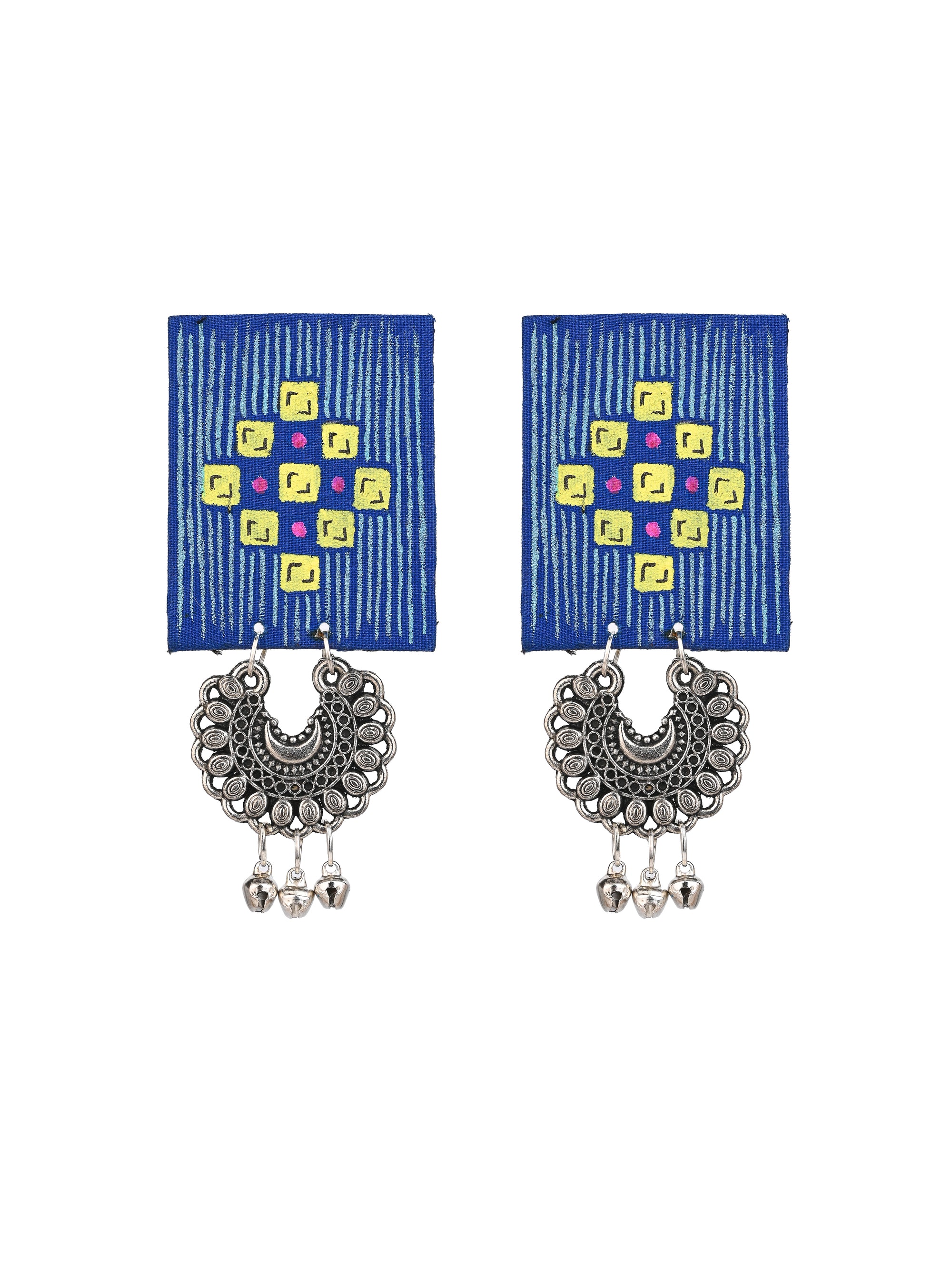 MAURYANA - Blue fabric with metal hanging earring set