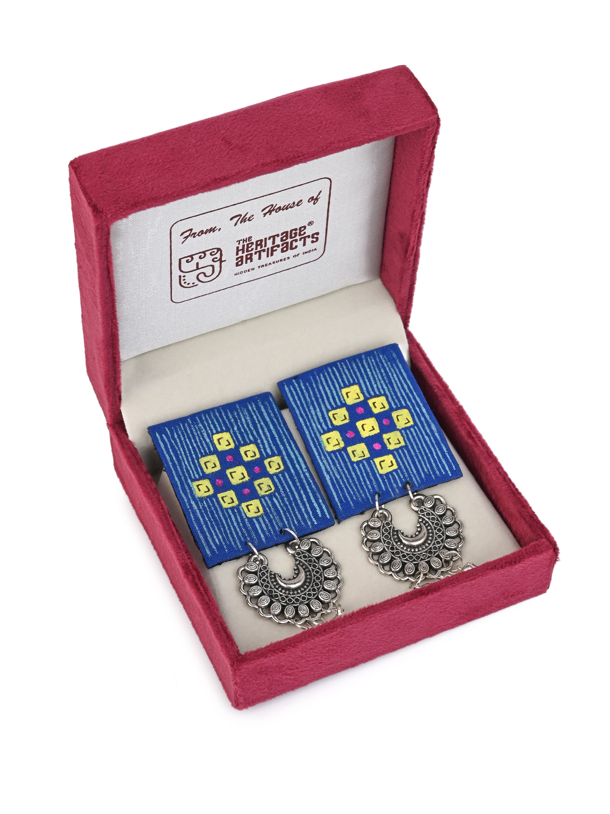 MAURYANA - Blue fabric with metal hanging earring set