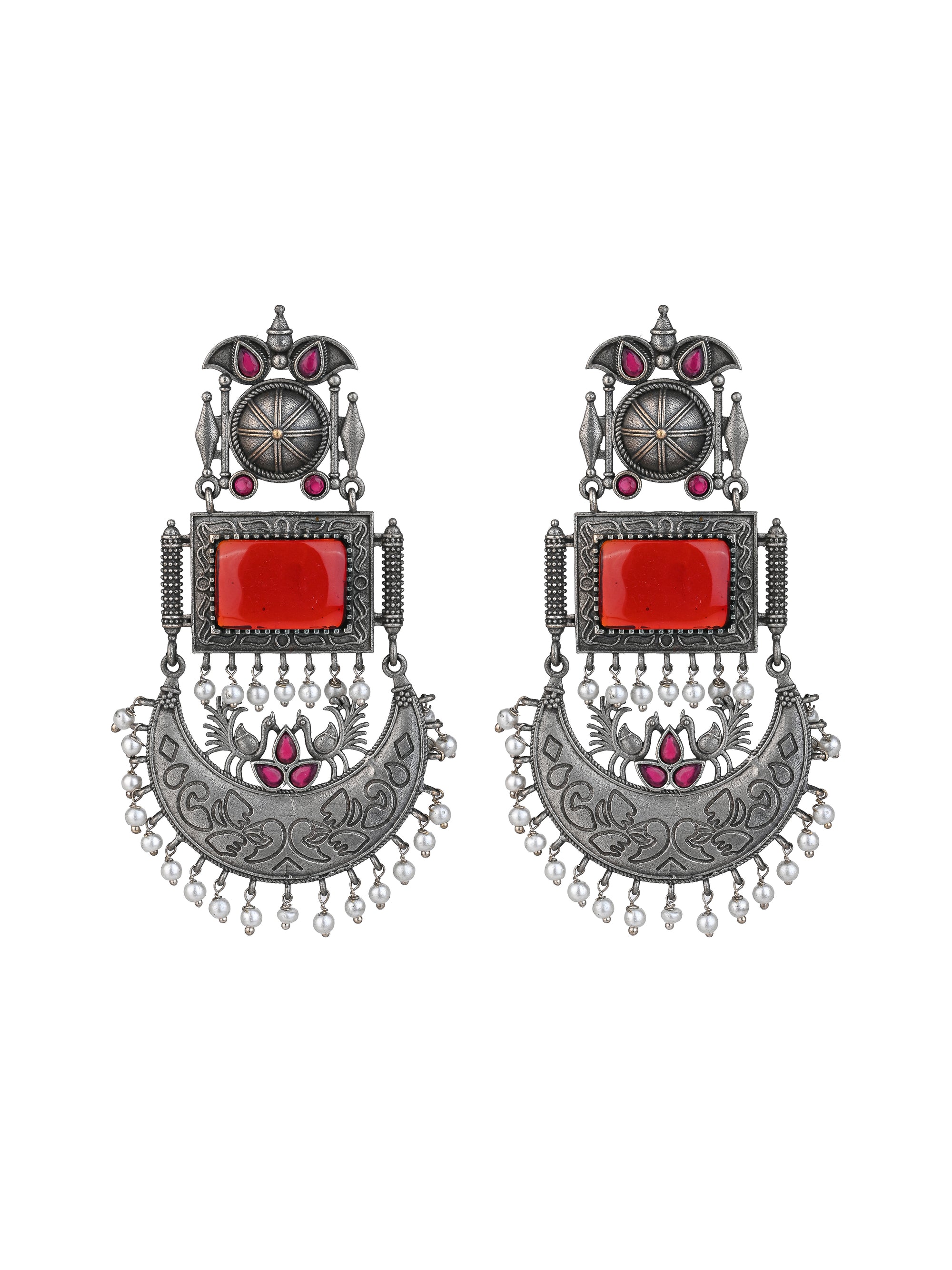 MAURYANA - Oxidised silver with red stone design pair of earrings - 4 inches