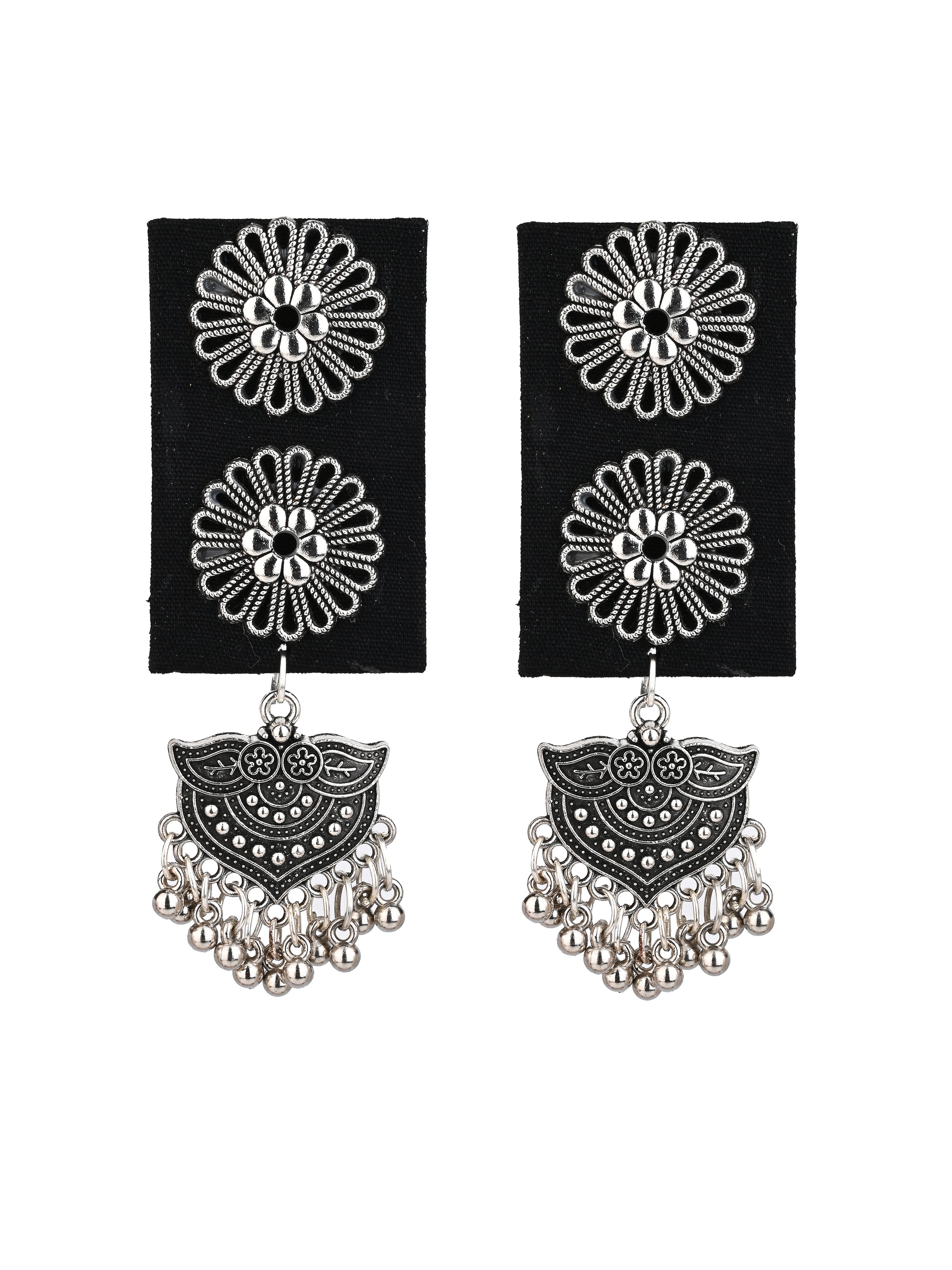 MAURYANA - Black fabric earrings pair with beautiful metal embellishments