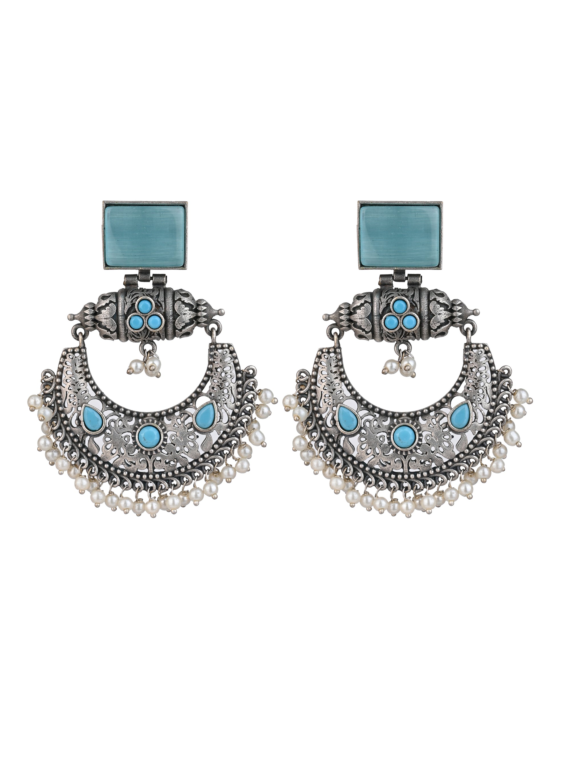 MAURYANA - Oxidised silver and blue stone studded royal pair of earrings