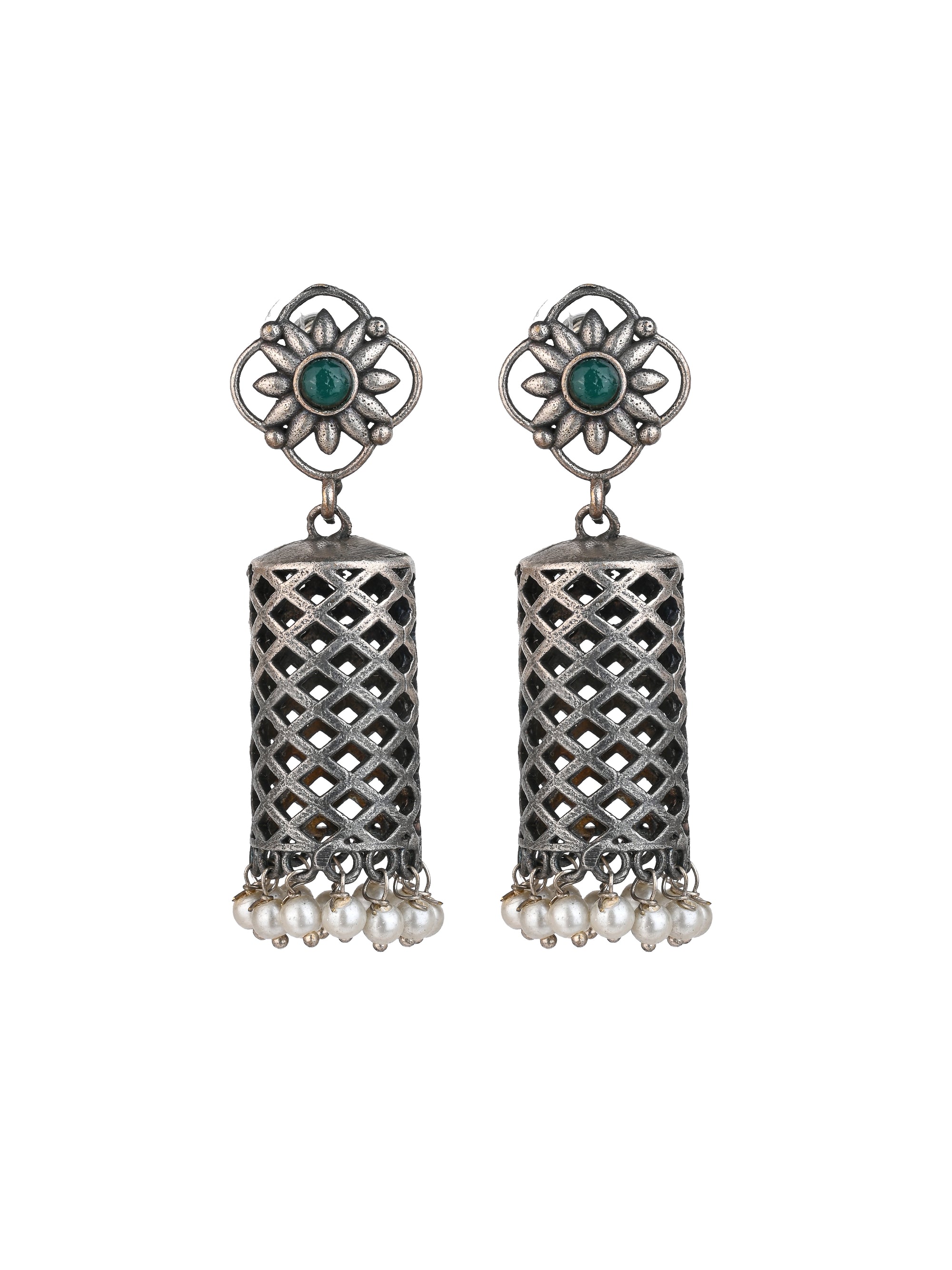 MAURYANA - Oxidised silver hanging cylindrical design pair of earrings