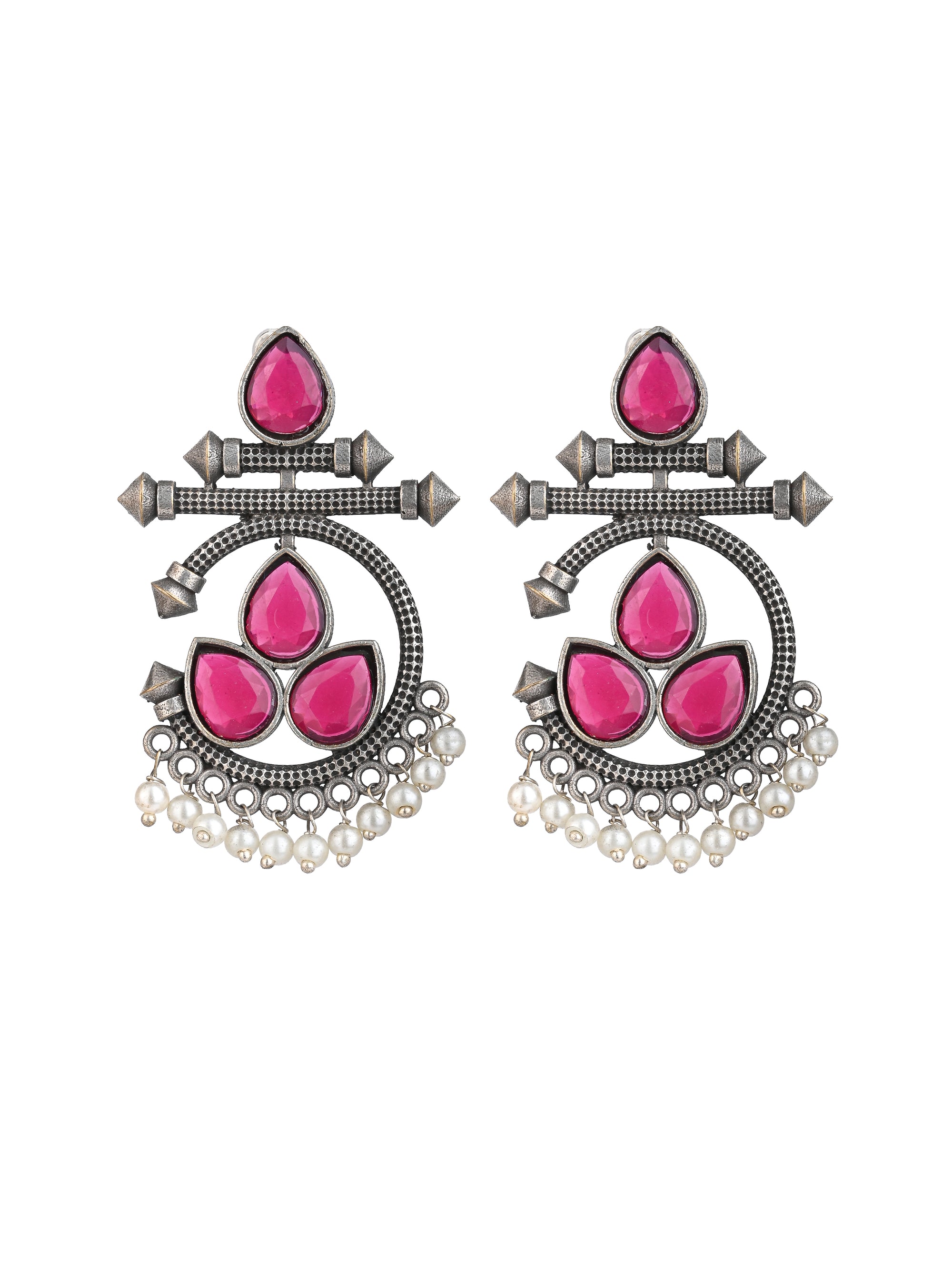 MAURYANA - Oxidised silver assorted color stone studded pair of earrings