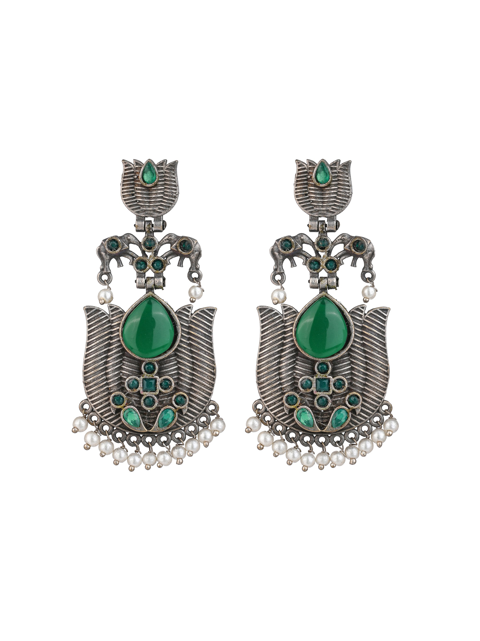 MAURYANA - Oxidised silver earrings with green stone embellishments